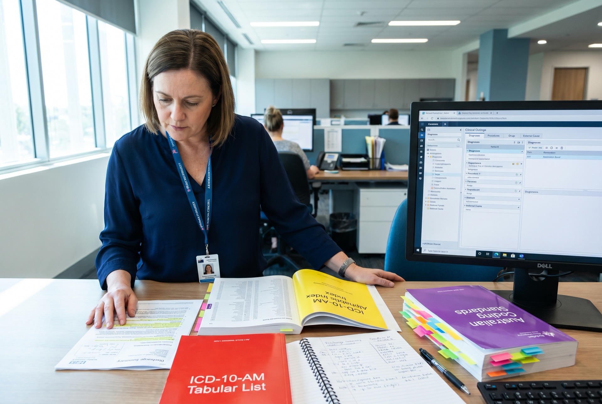 Senior clinical coder cross-referencing the ICD-10-AM Tabular List, Alphabetic Index and Australian Coding Standards on a complex unusual coding scenario