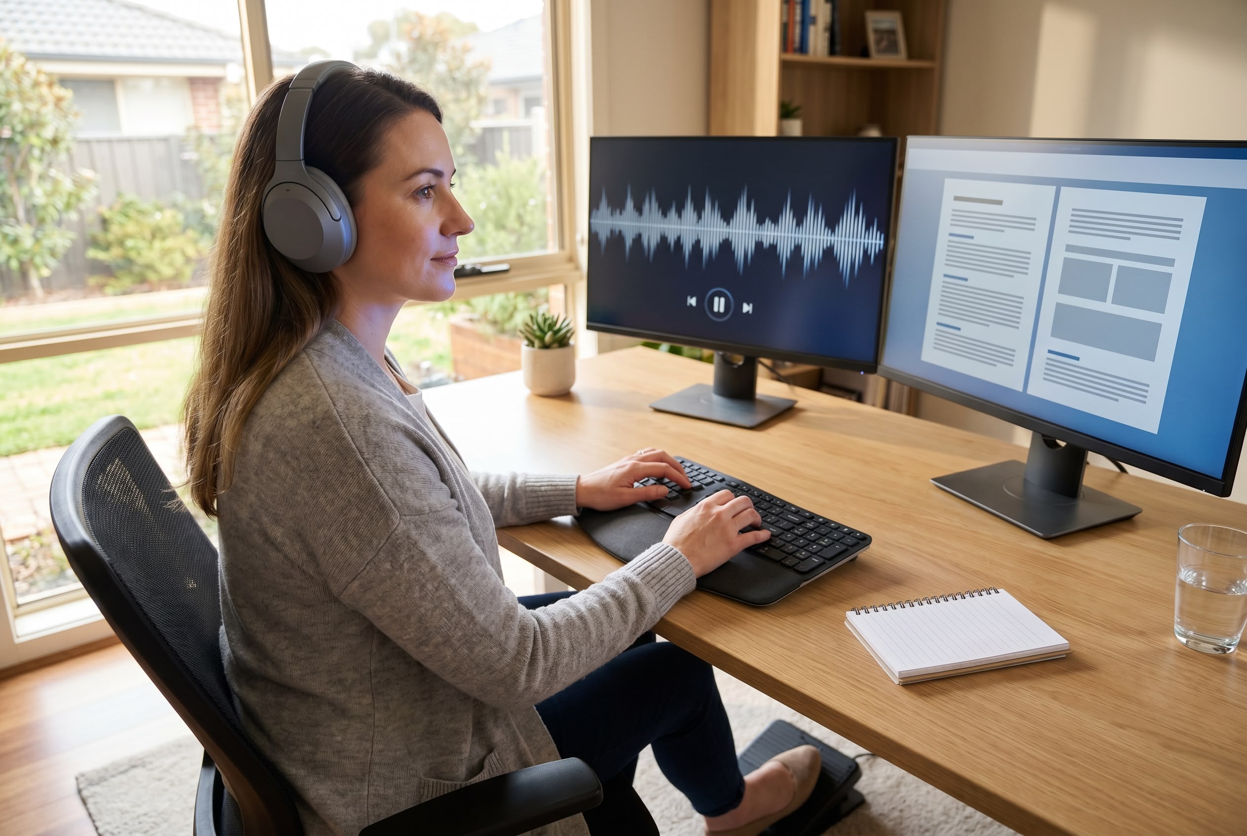 What does a medical transcriptionist do, Australian home workspace Australian medical transcriptionist working from home, transcribing dictated audio at a dual-monitor workspace with headphones and foot pedal