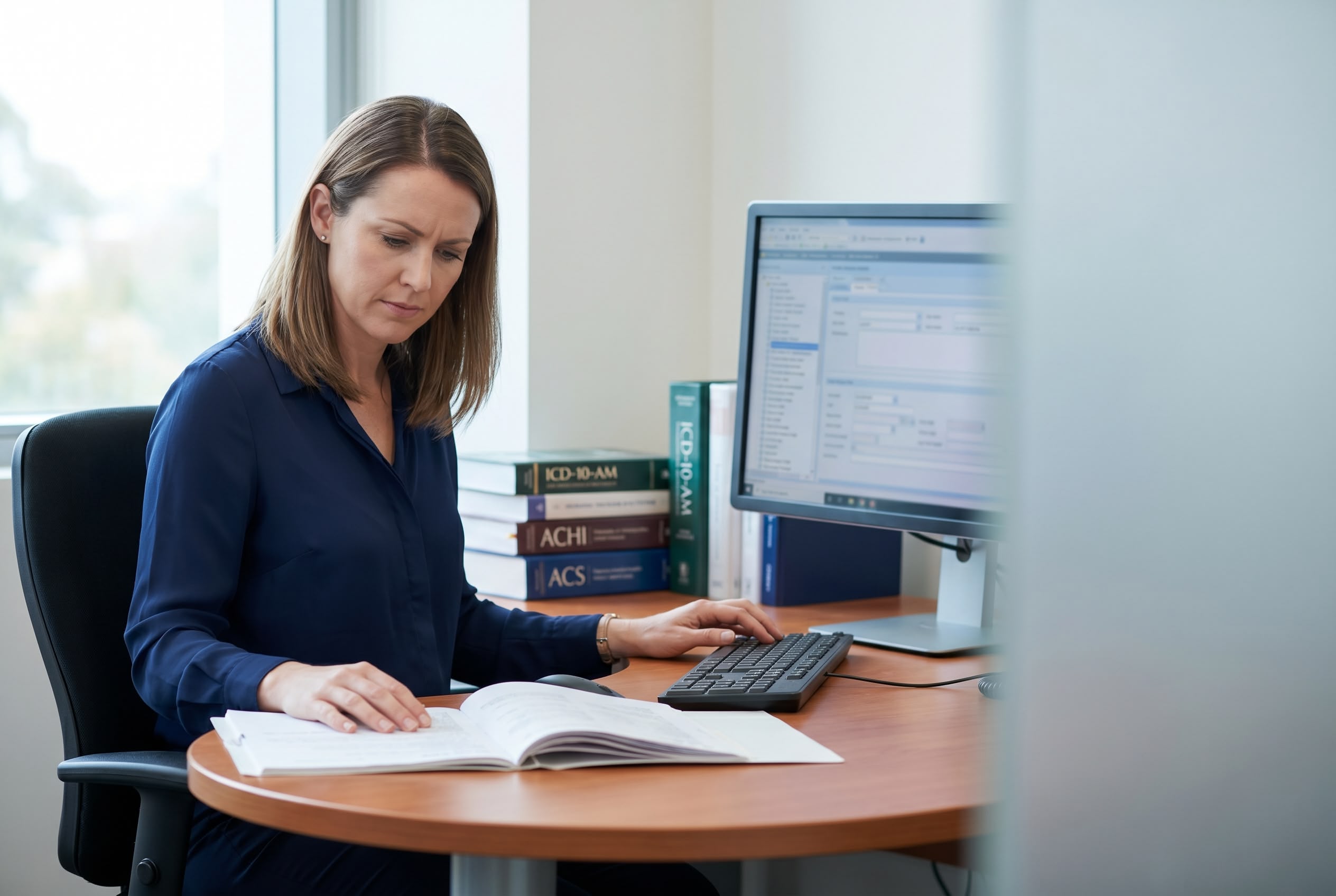 What is a clinical coder hero An Australian clinical coder reviewing a classification reference book and coding software at her hospital workstation, with ICD-10-AM, ACHI and ACS books visible on the desk.