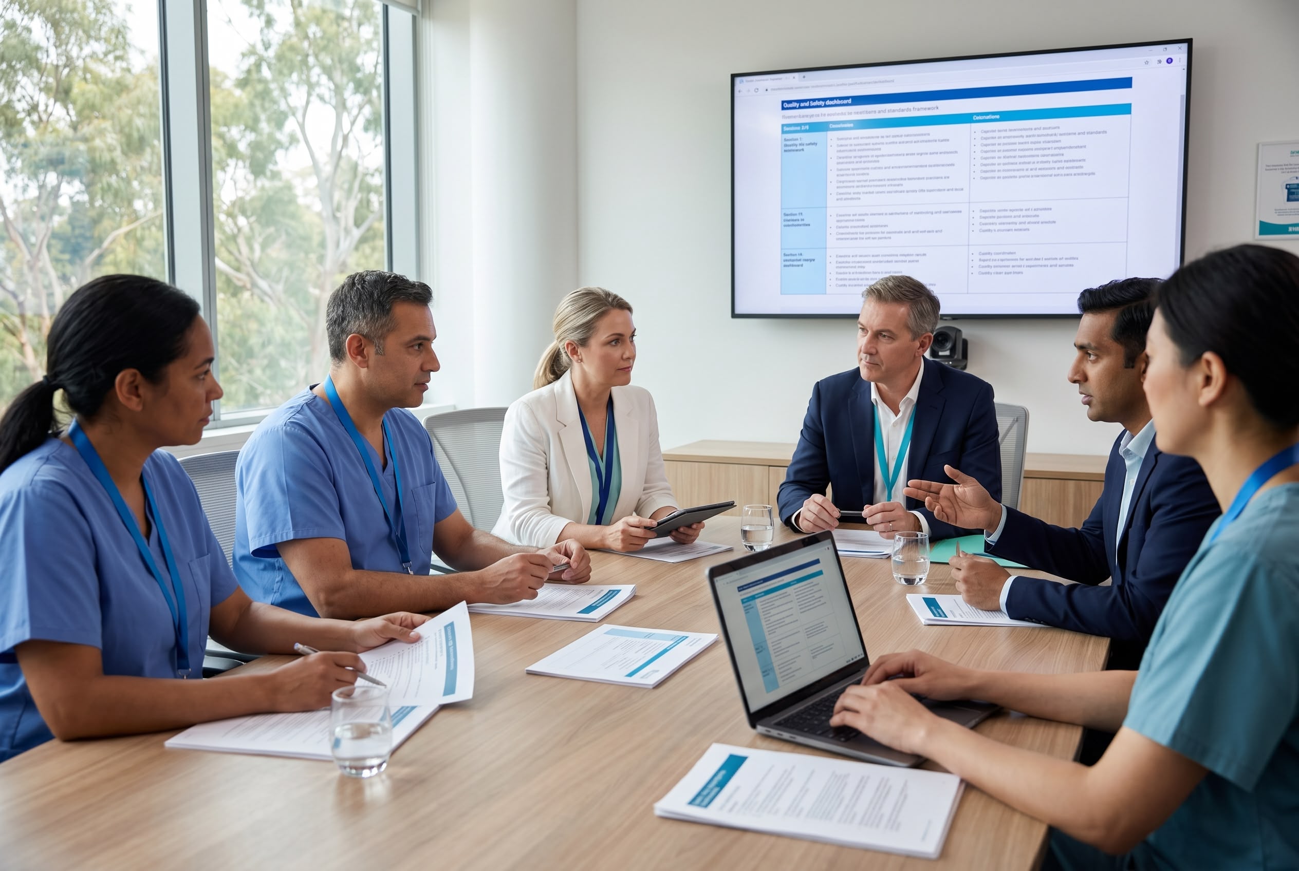Australian healthcare clinical governance committee meeting reviewing safety and quality framework against the National Model Clinical Governance Framework