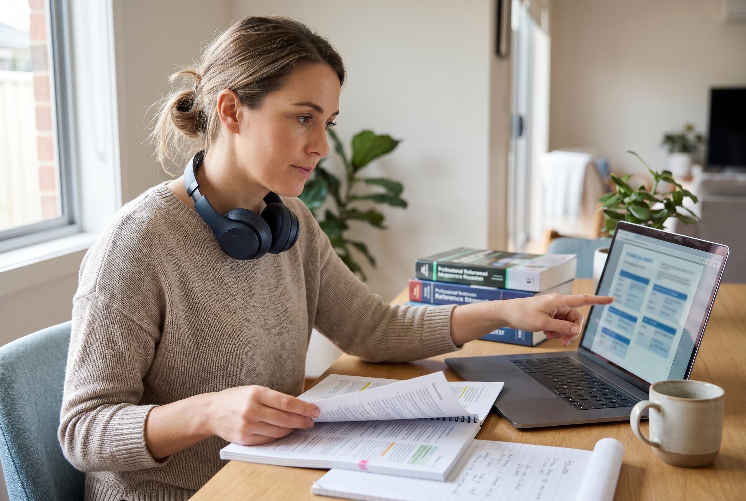 AAMT Style Guide and Medical Transcription Standards Australia Australian medical transcriptionist reviewing a printed reference manual against a structured medical report on her laptop
