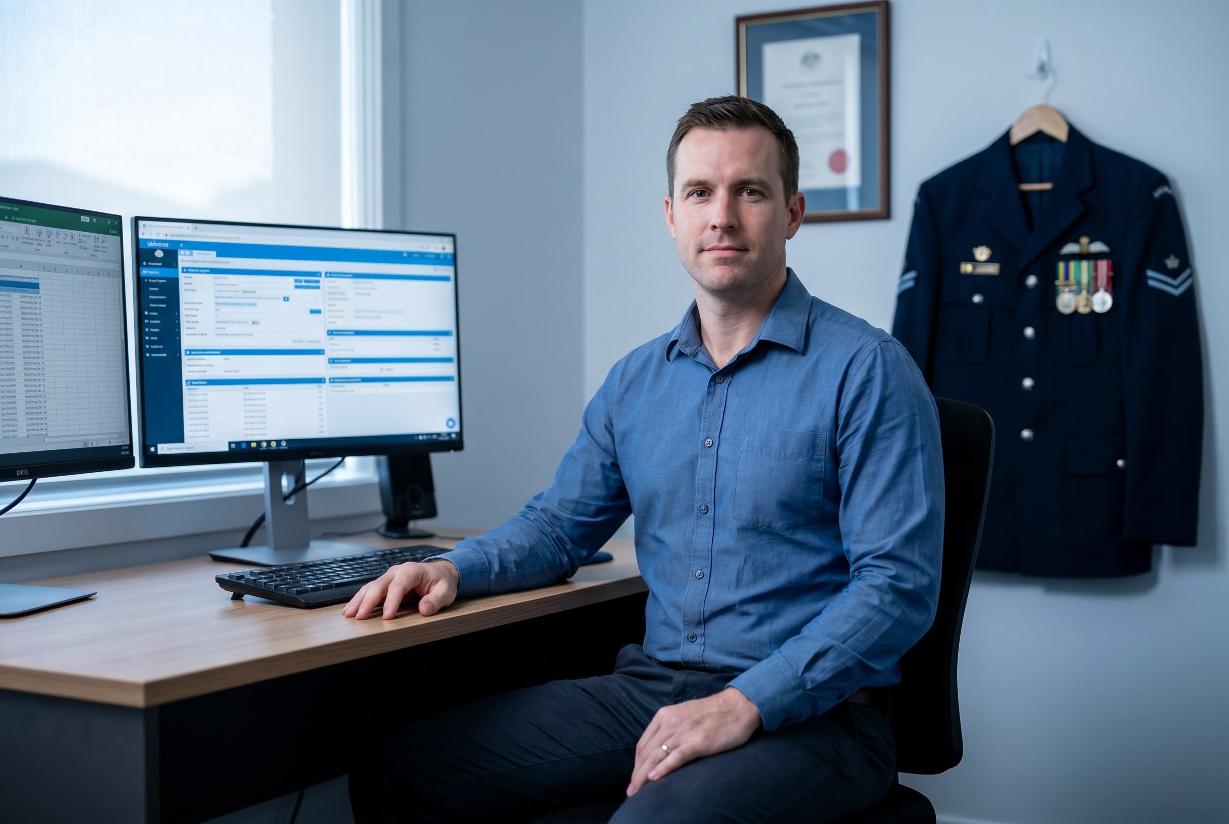 Australian ADF veteran at home workstation in civilian clothing with dress jacket on hook