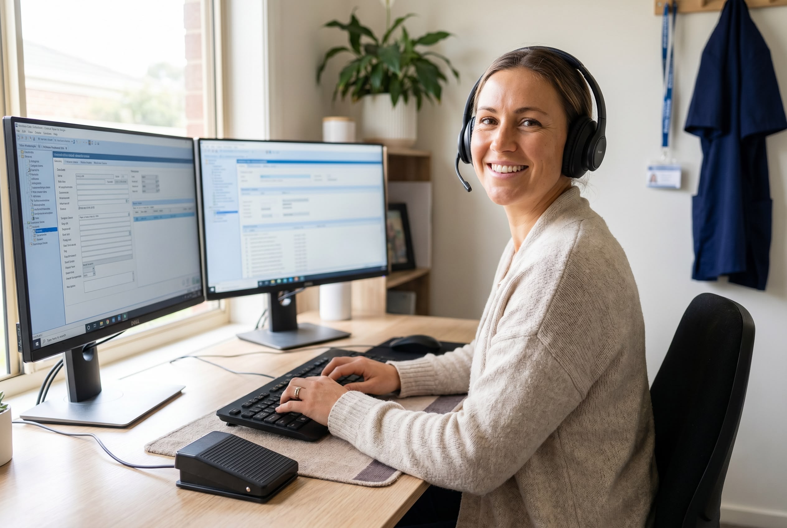 Former medical receptionist now working from home as a medical transcriptionist in Australia, smiling at her dual-monitor home office workstation with foot pedal and headphones, with reception lanyard and tunic hung up in background