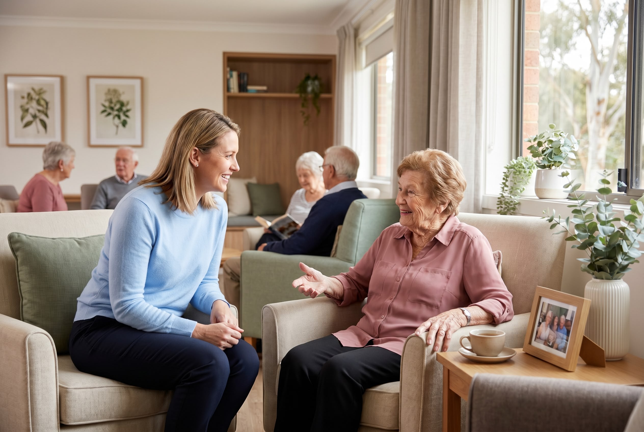Aged Care Quality Standards Explained Australia Aged care quality auditor in conversation with senior resident in homelike Australian residential aged care lounge under strengthened Aged Care Quality Standards