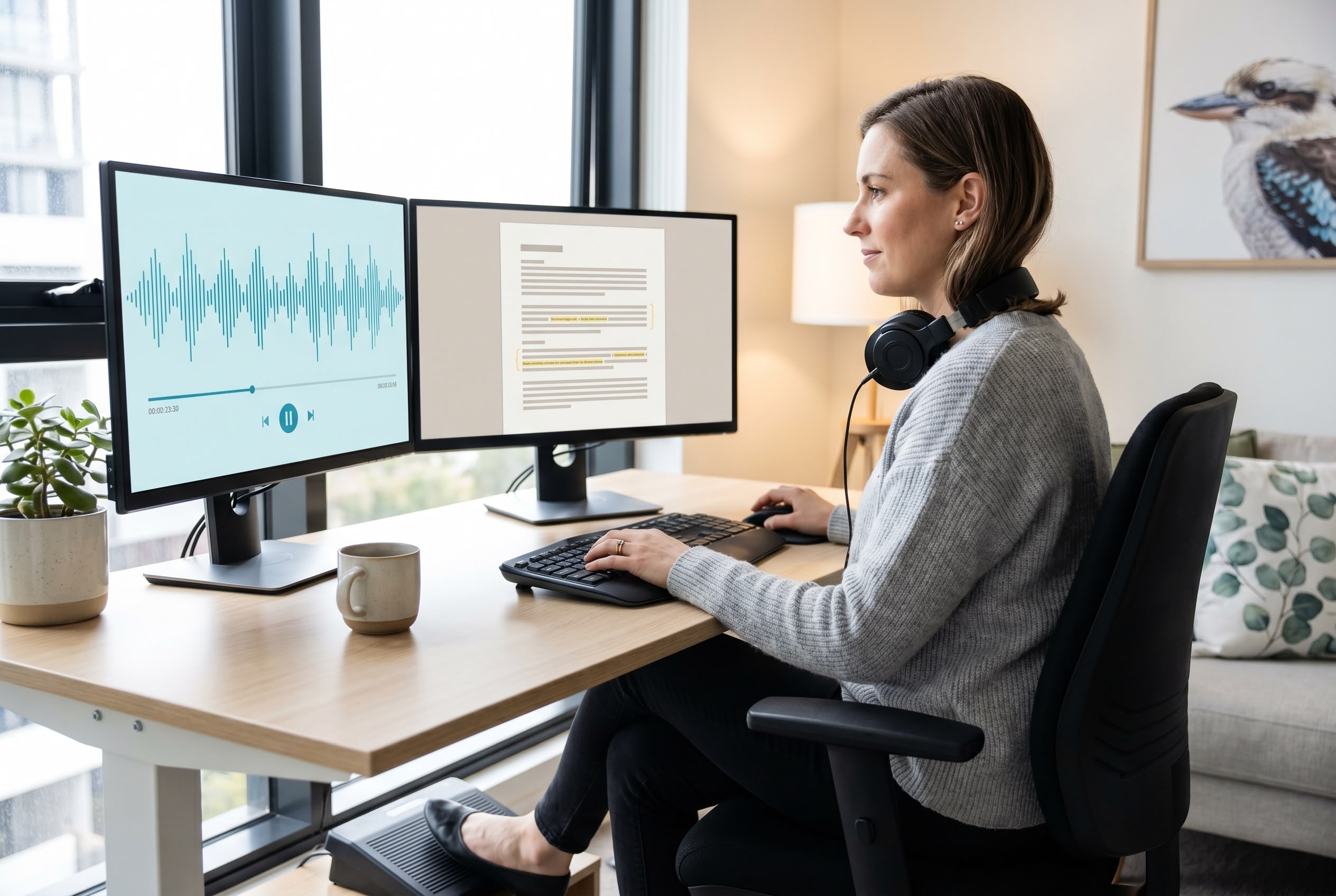 AI tools for medical transcriptionists workflow guide Australian medical transcriptionist working from home in editor mode, reviewing AI-generated draft on one monitor while listening to clinical dictation audio waveform on the other, headphones around neck and foot pedal under desk.