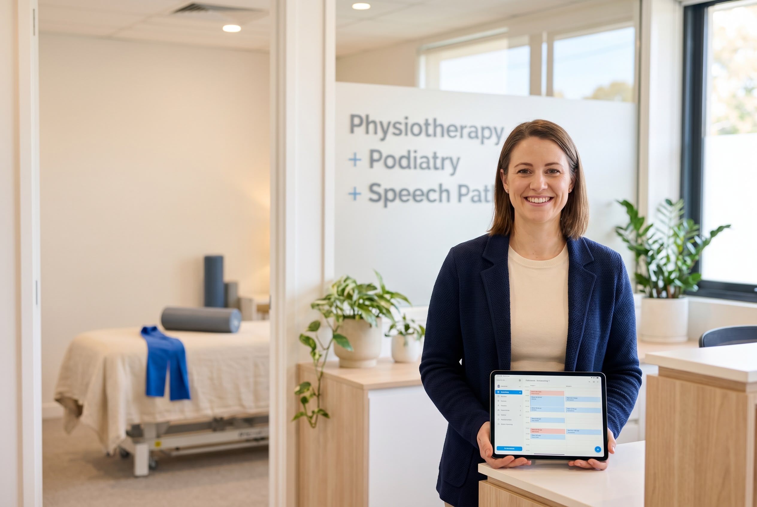 Allied health practice management in Australia Australian allied health practice manager at modern multi-disciplinary clinic reception with treatment area in soft background
