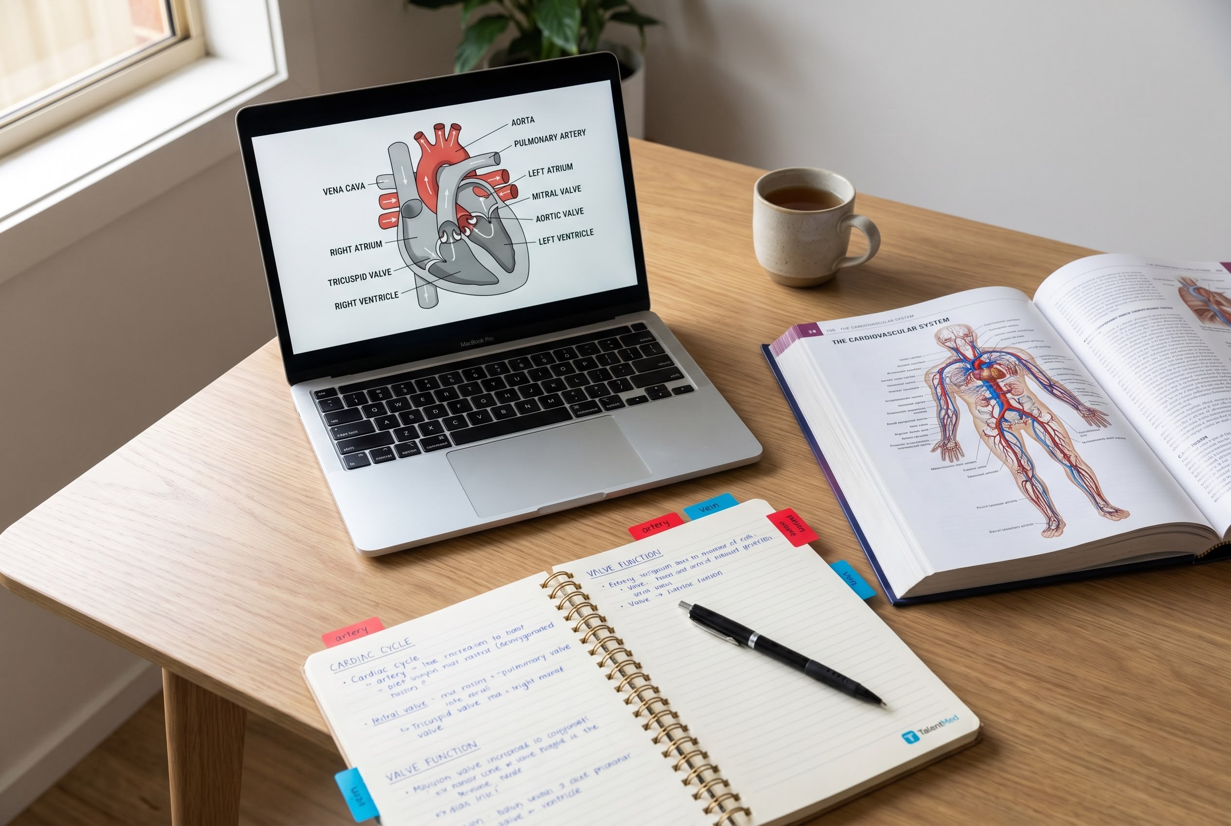 Cardiovascular System Medical Terminology Reference Cardiovascular medical terminology study reference: laptop showing labelled human heart anatomy diagram with chambers, valves and great vessels, open anatomy textbook displaying the circulatory system with arteries in red and veins in blue, and a notebook with handwritten study notes and colour-coded tabs.