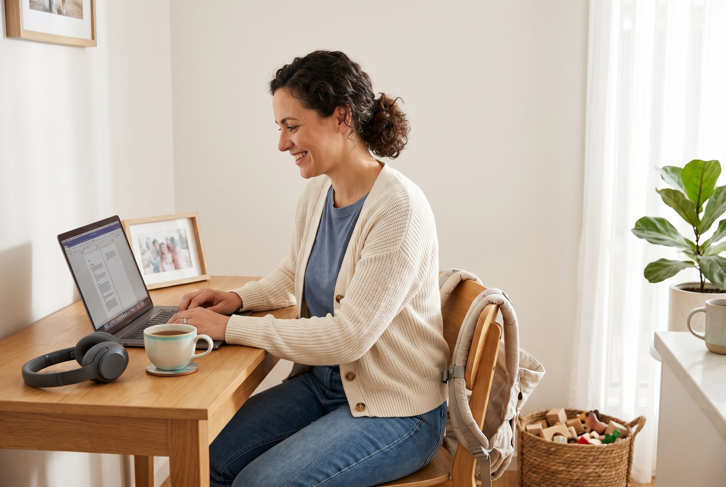 Career after maternity leave Australia — returning to work from home Australian woman in casual clothes at sunlit kitchen home-office desk with laptop and headphones, returning to work from home after maternity leave