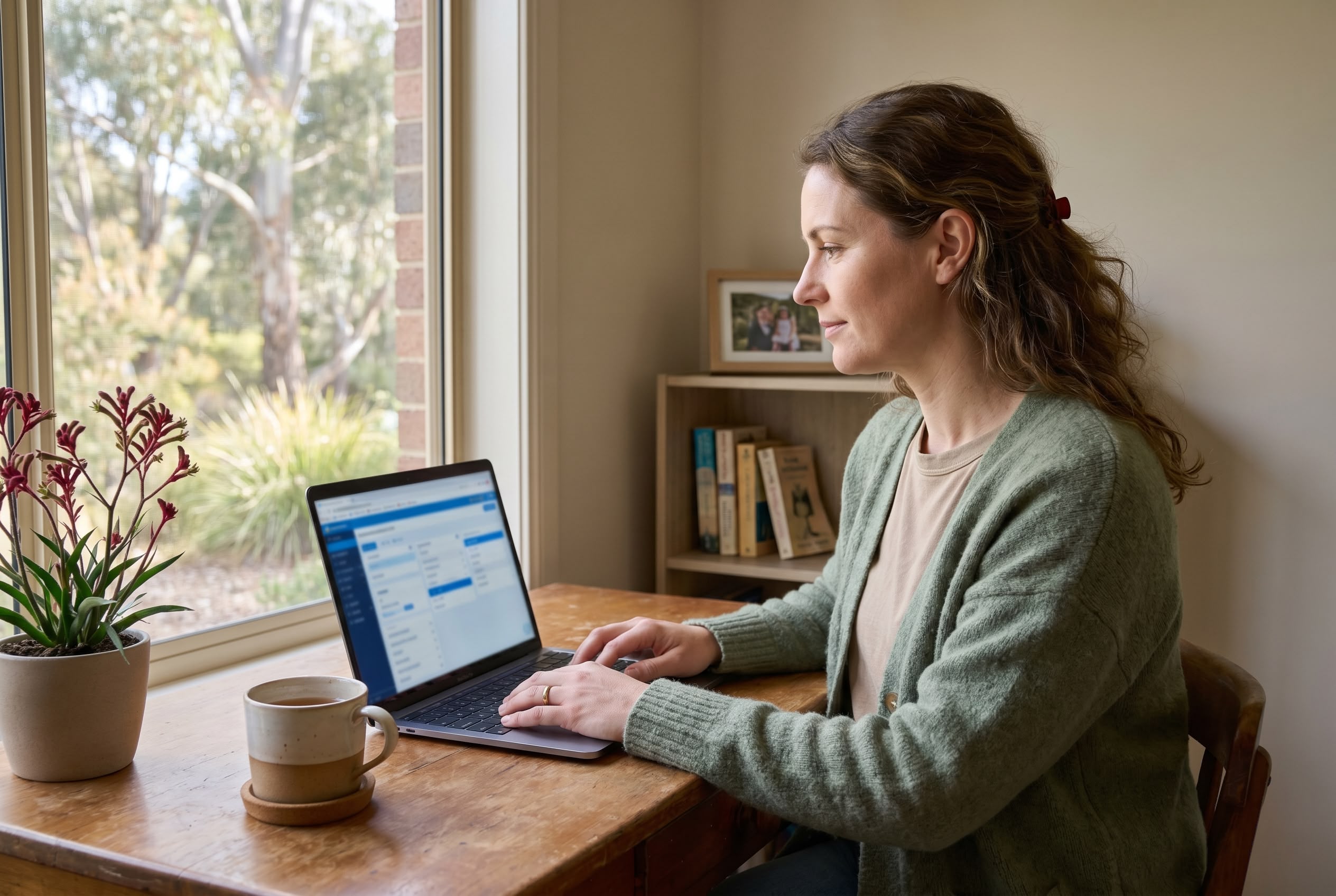 Career change for burnt-out social workers: healthcare admin pathways in Australia Ex-social worker at calm home office with healthcare admin software, recovering from compassion fatigue