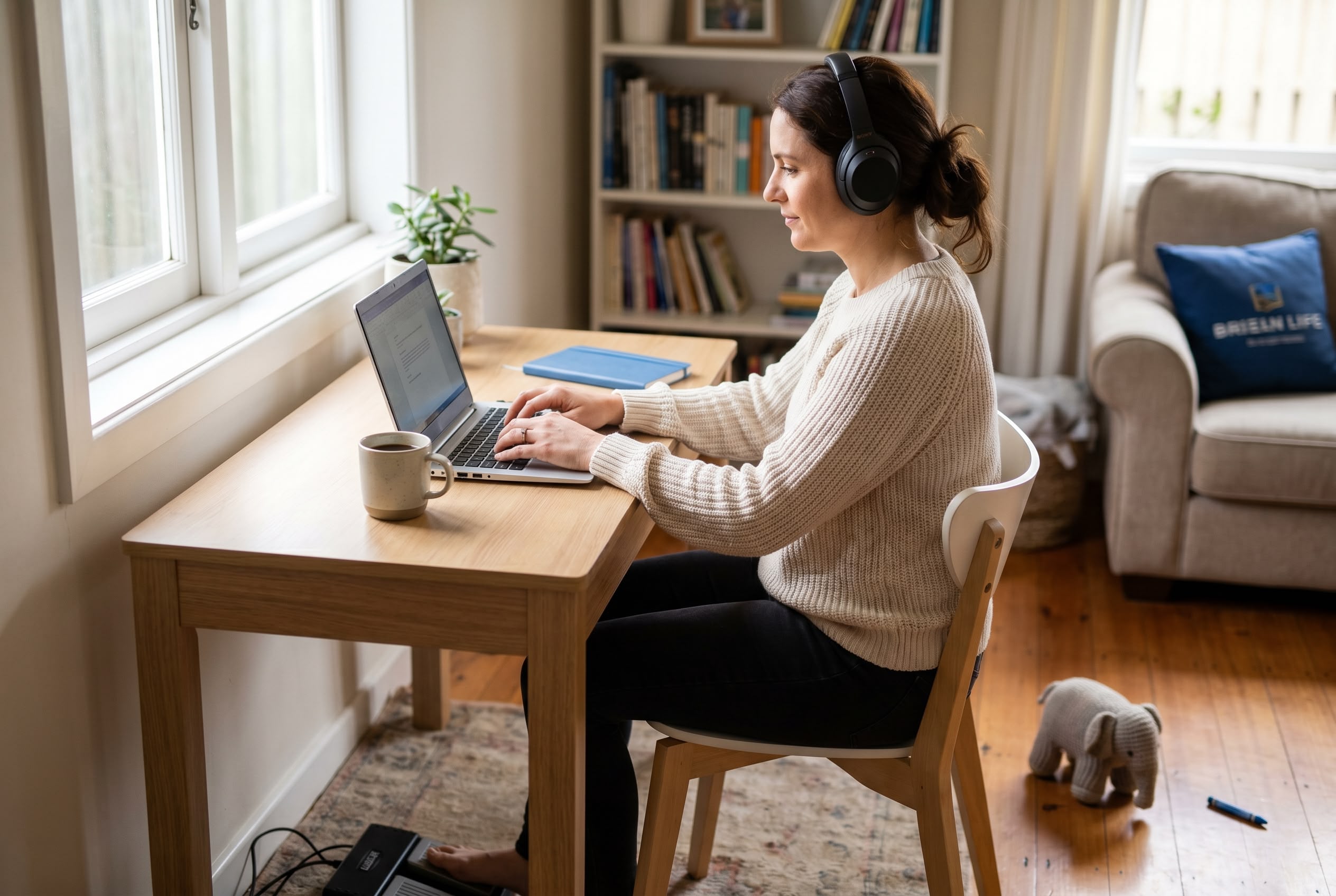 Australian stay-at-home mum working from home as a medical transcriptionist with headphones and laptop, building a flexible career around her family