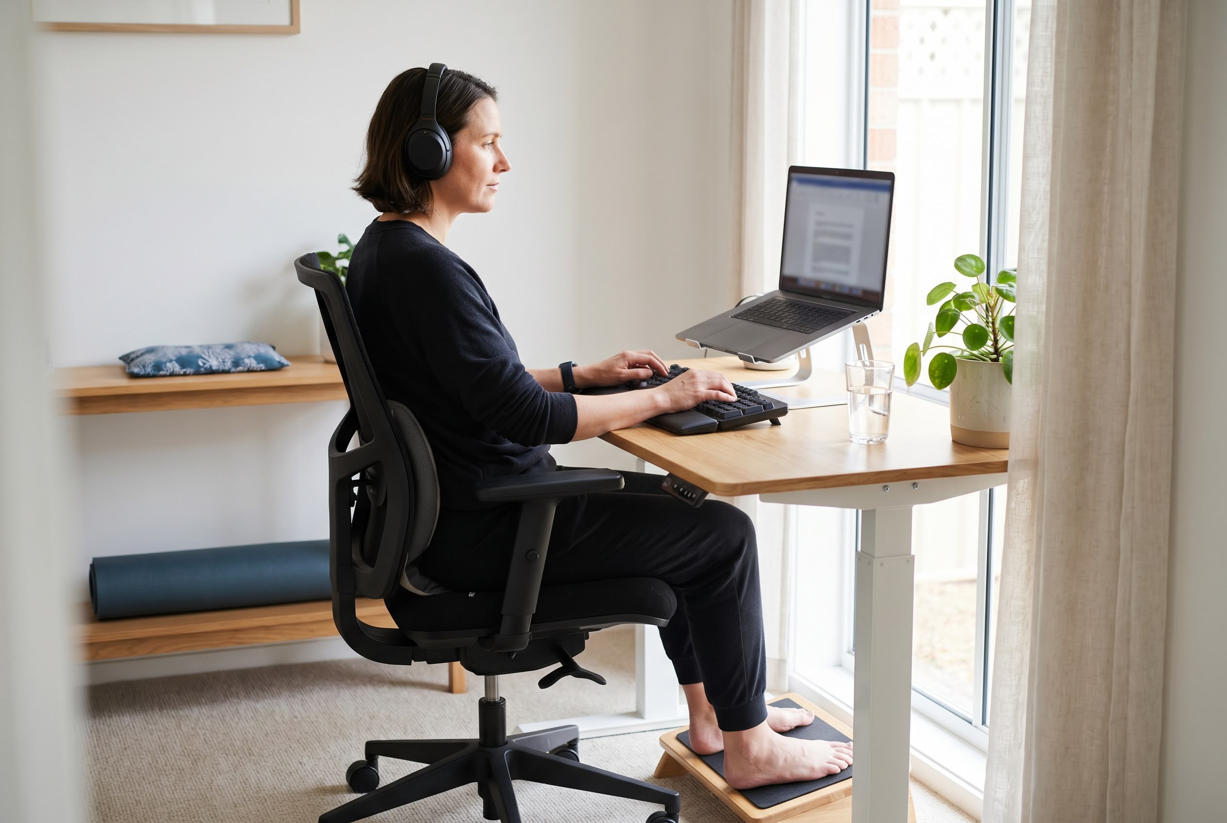 Career with chronic pain Australia An Australian person working from a thoughtfully ergonomic home workstation with a sit-stand desk, lumbar-supported chair, raised laptop and split keyboard