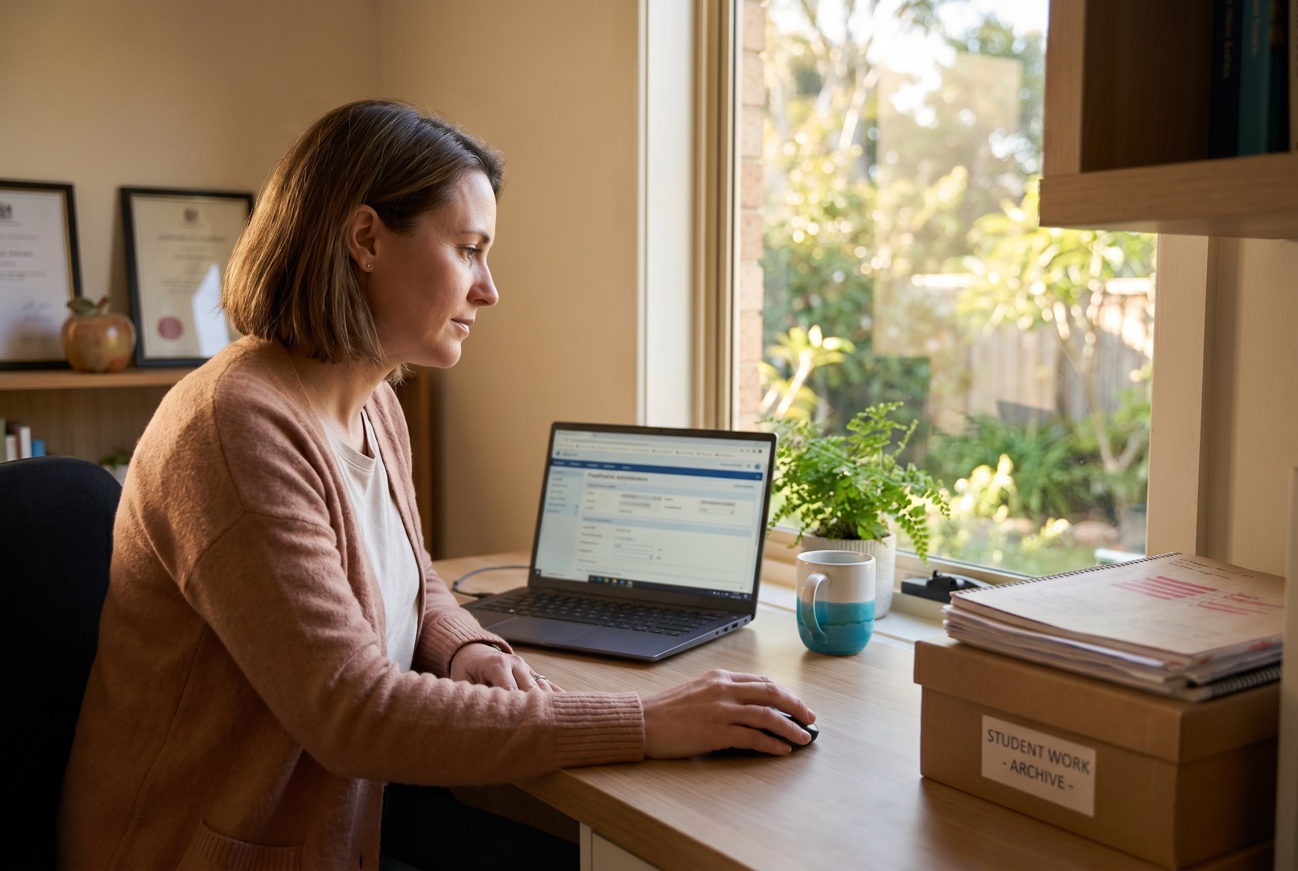 From classroom to clinic: healthcare careers for ex-teachers Australian ex-teacher at home study with healthcare admin software and student-work archive box