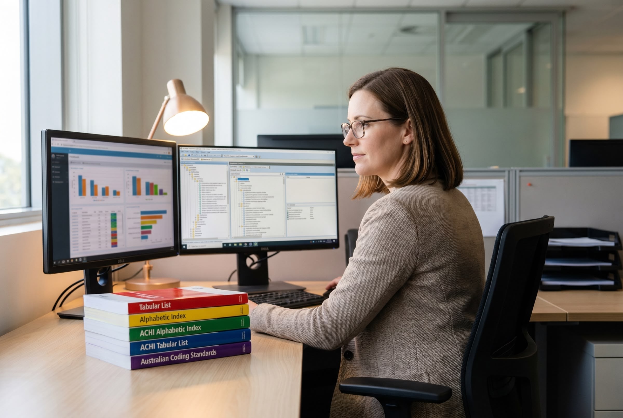 Senior Australian clinical coder reviewing case-mix data — HLT50321 Diploma of Clinical Coding | TalentMed RTO 22151
