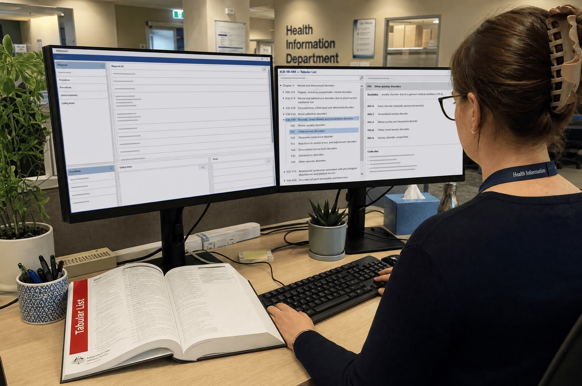 Clinical coder reviewing mental health admission coding in ICD-10-AM 13th Edition for HLT50321 students at TalentMed RTO 22151