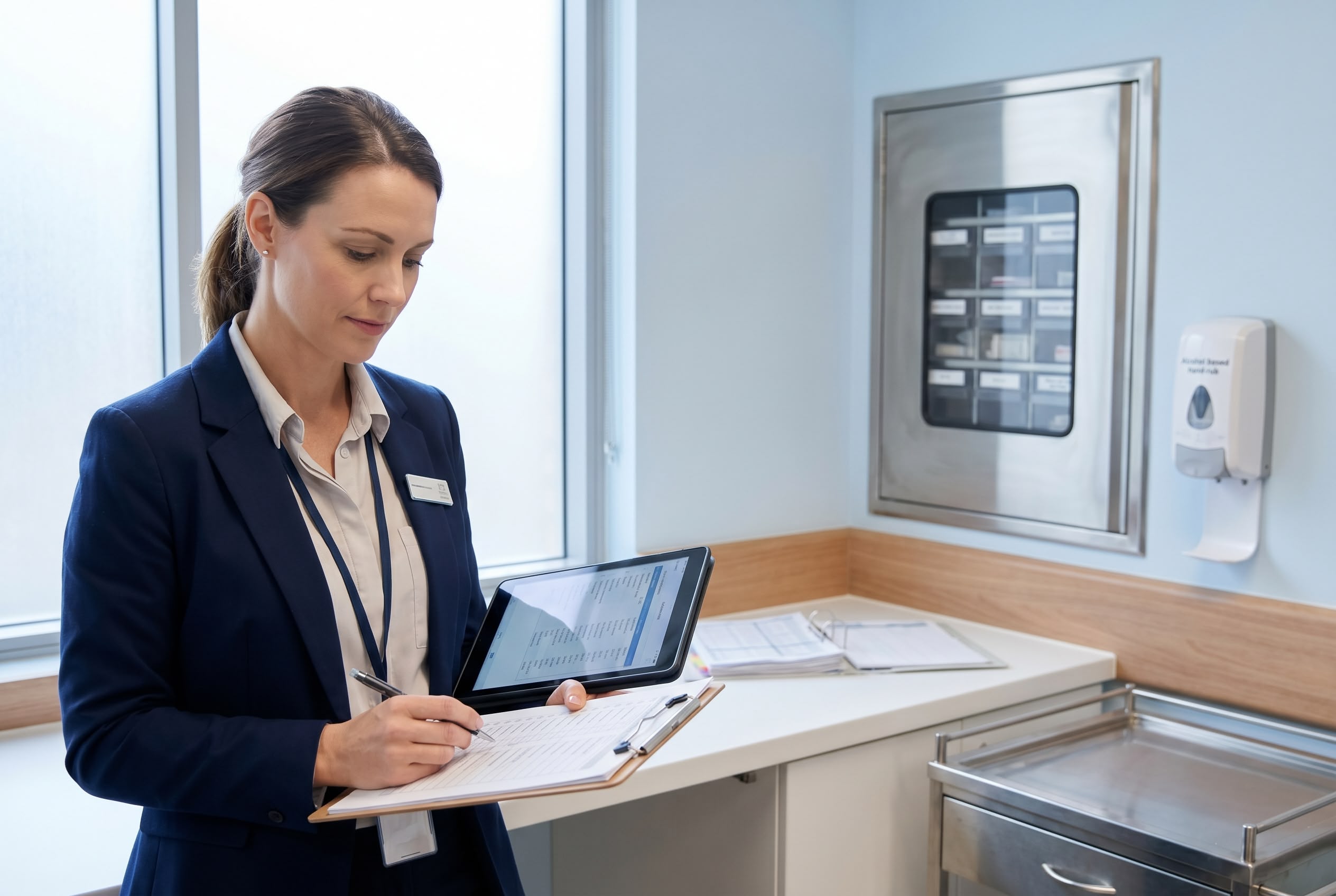 Common healthcare audit findings Australia hero Australian healthcare quality auditor reviewing medication-safety evidence at a hospital nursing station