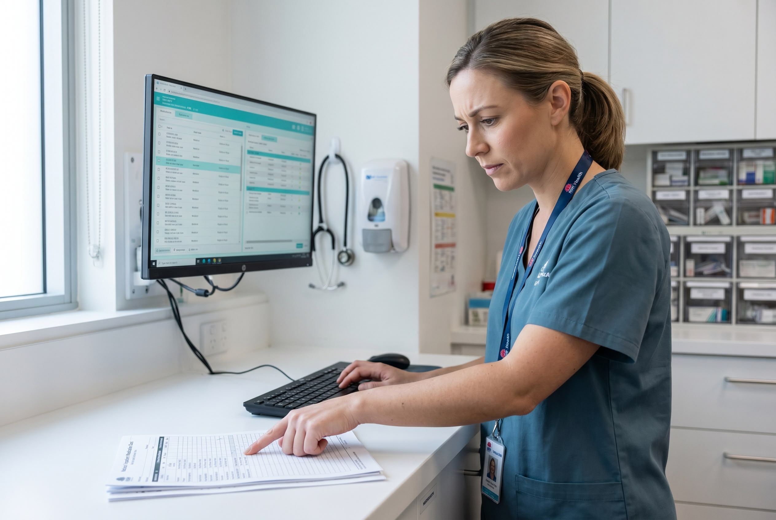 Australian hospital nurse double-checking a medication chart against an electronic prescribing system, illustrating safe medicines documentation practice