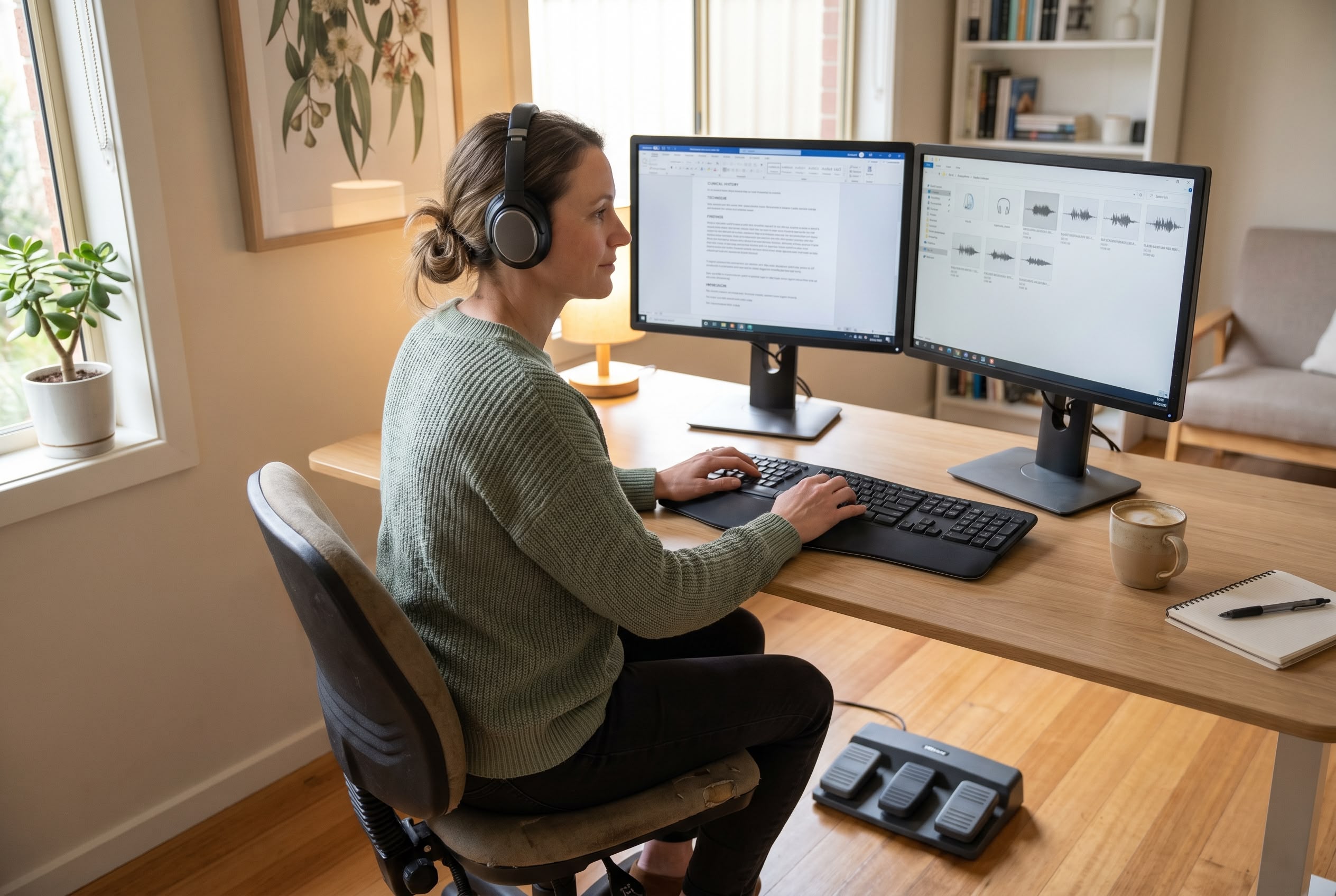 Day in the Life of an Australian Medical Transcriptionist – WFH workspace Australian medical transcriptionist at home workstation with dual monitors showing structured medical reports and audio queue, headphones on, foot pedal under desk