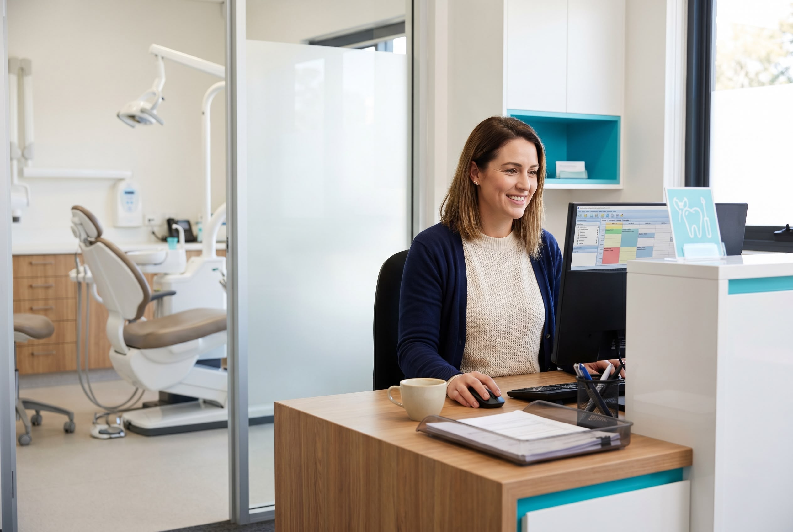 Australian woman dental practice manager smiling at front-of-house workstation, dental operatory chair visible through glass partition, modern Australian dental practice