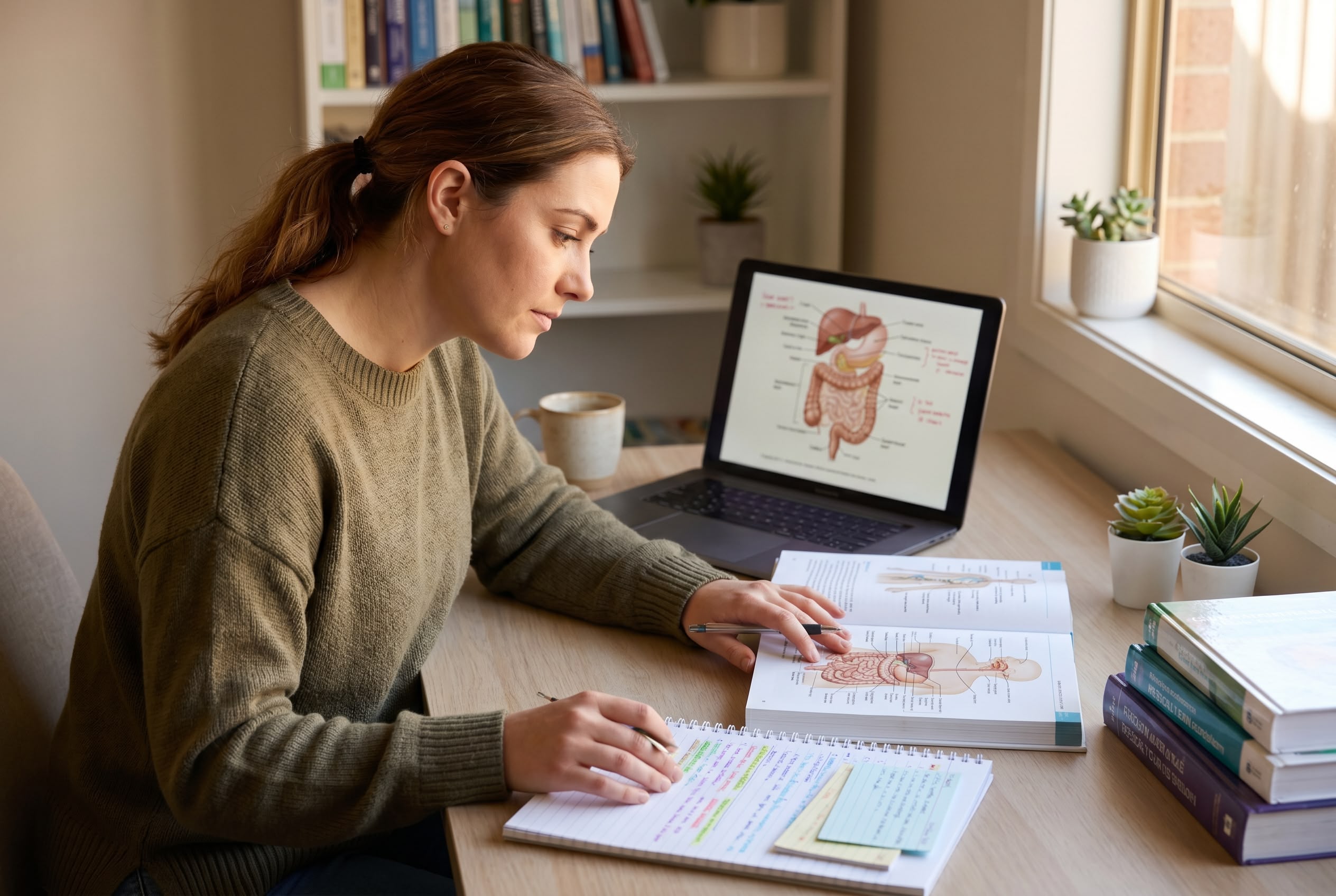Digestive system medical terminology study Healthcare student studying digestive system medical terminology with annotated GI tract diagrams on laptop and textbook