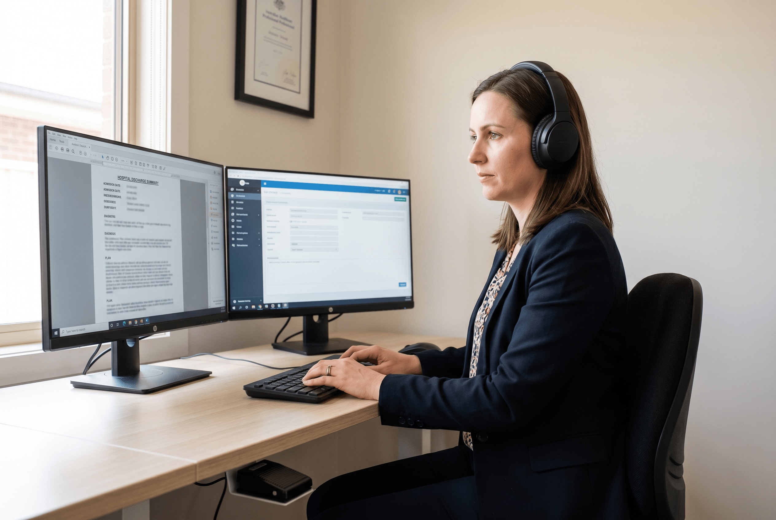 Medical transcriptionist transcribing a hospital discharge summary in Australia. 11288NAT | TalentMed RTO 22151