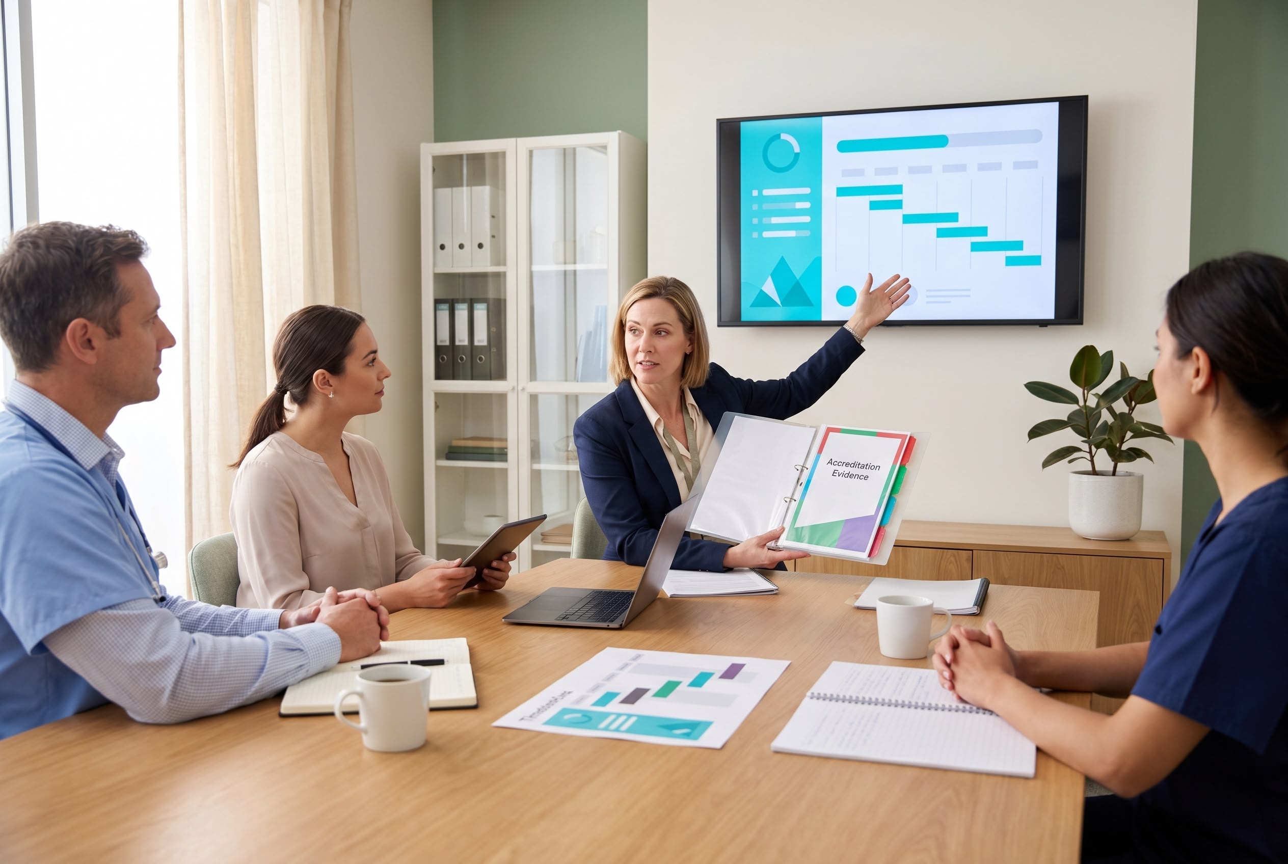 Practice manager leading a small project team through accreditation evidence review with a 3-year cycle dashboard in an Australian GP practice meeting room
