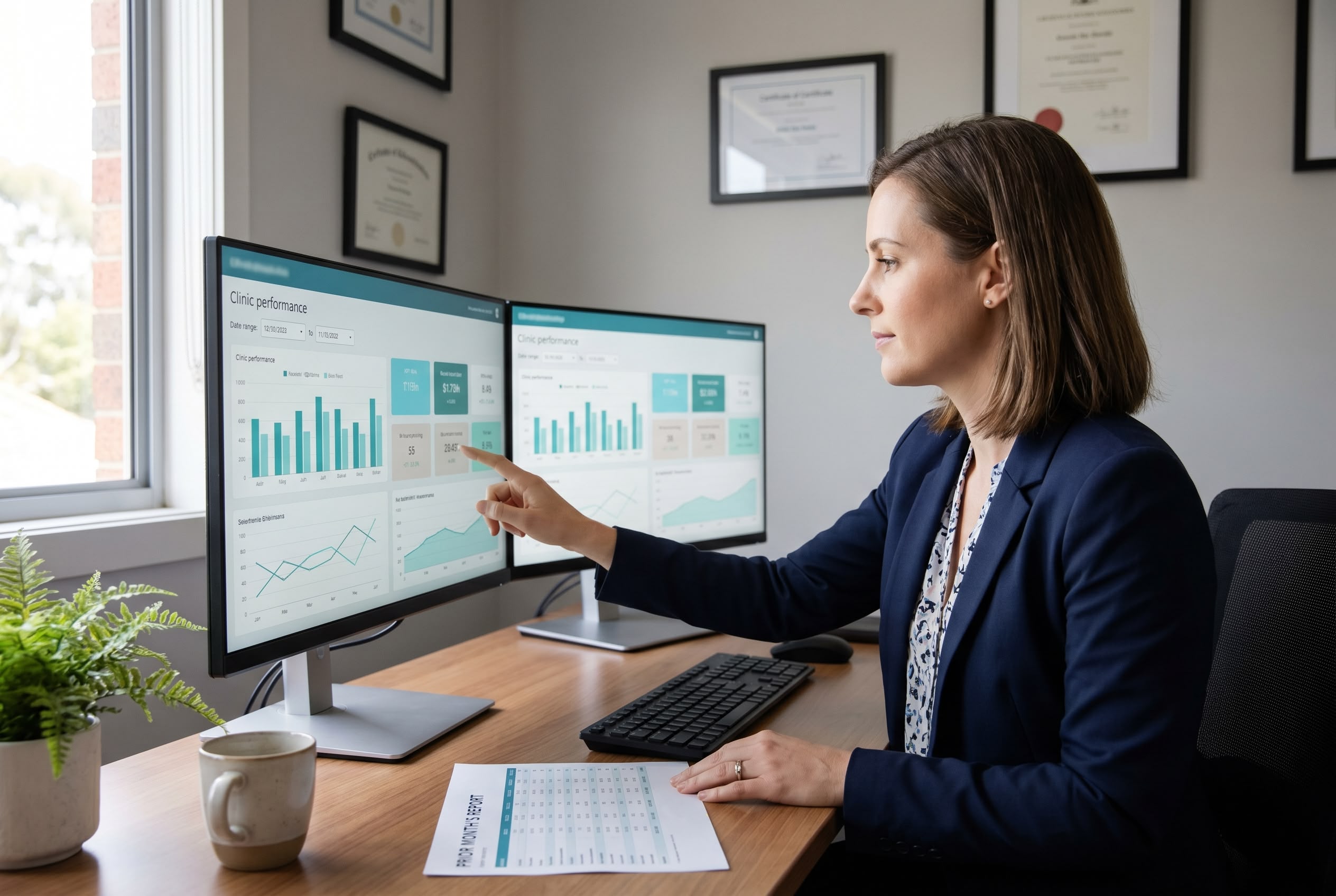 Australian practice manager reviewing GP clinic performance dashboard on dual monitor