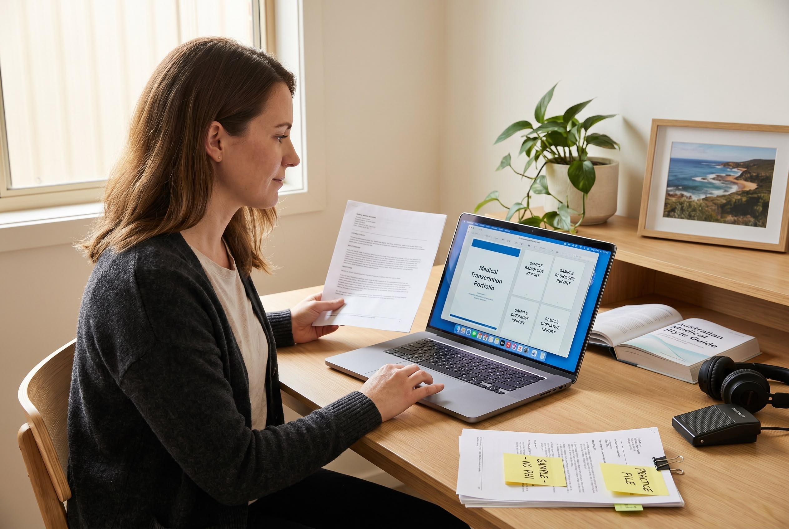 Australian medical transcription graduate organising a portfolio of de-identified sample reports at a tidy home study desk