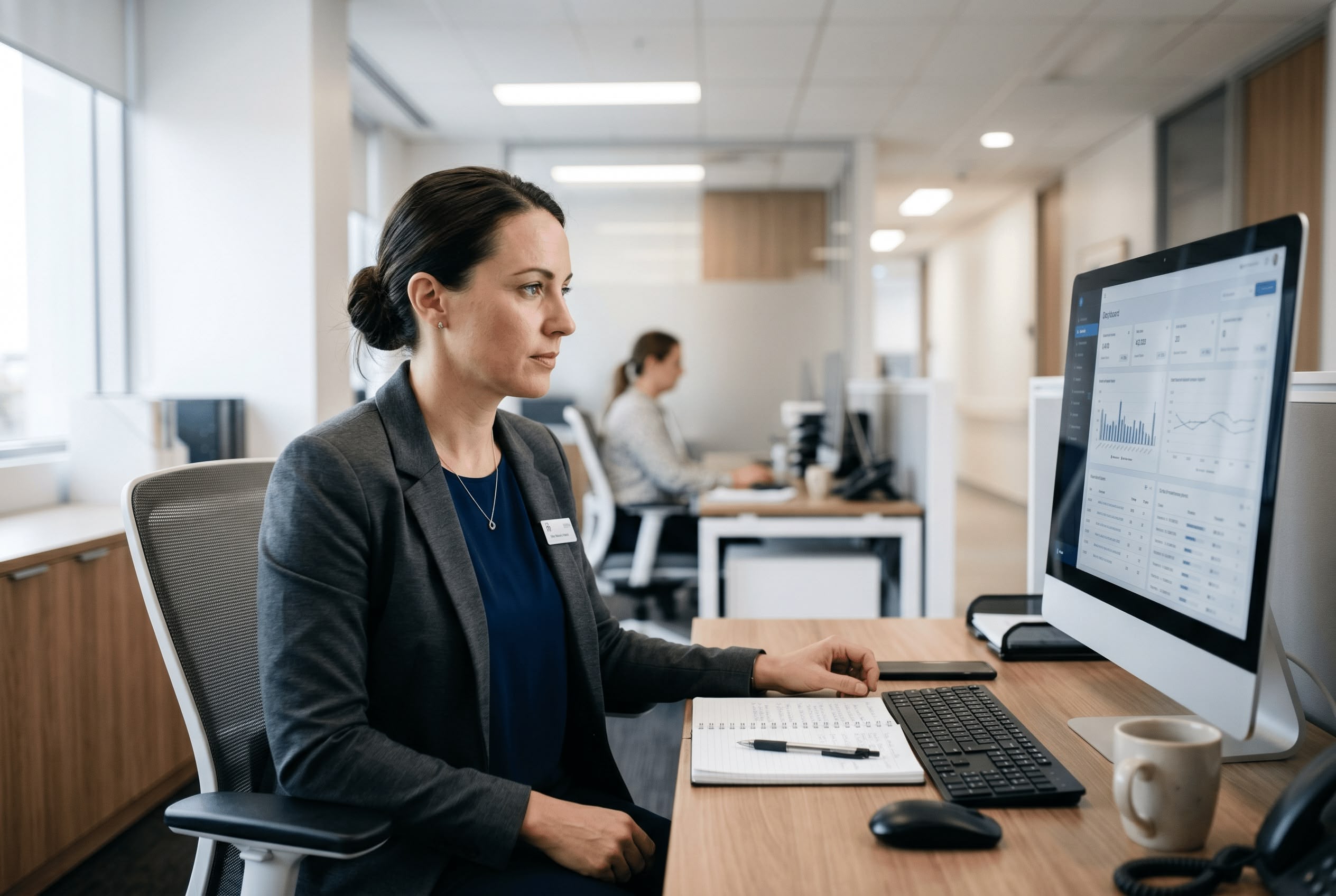 Healthcare quality auditor reviewing a clinical incident report in an Australian hospital