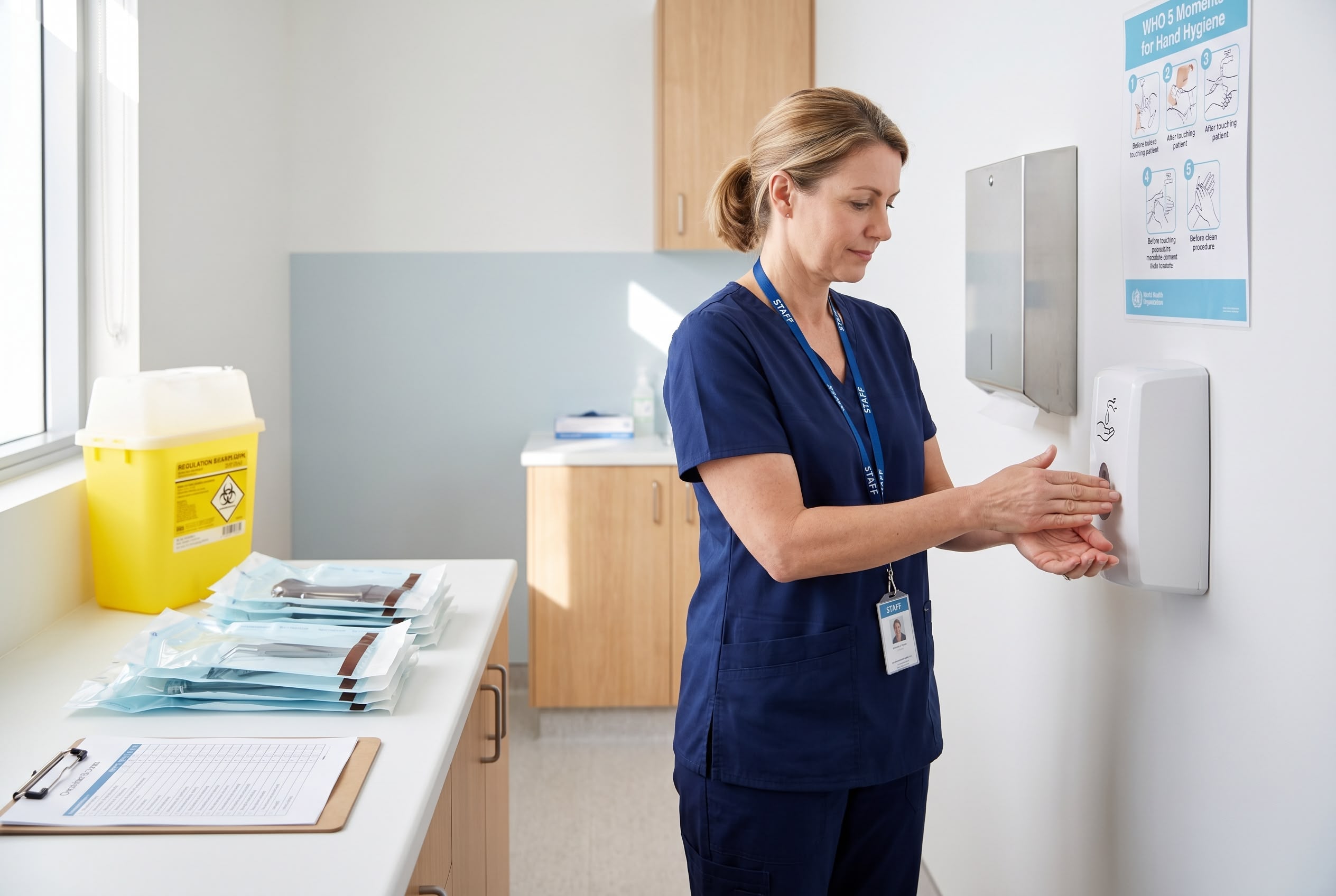 Practice manager performing hand hygiene at an Australian GP practice with WHO 5 Moments poster, sharps container and sterilisation pouches visible