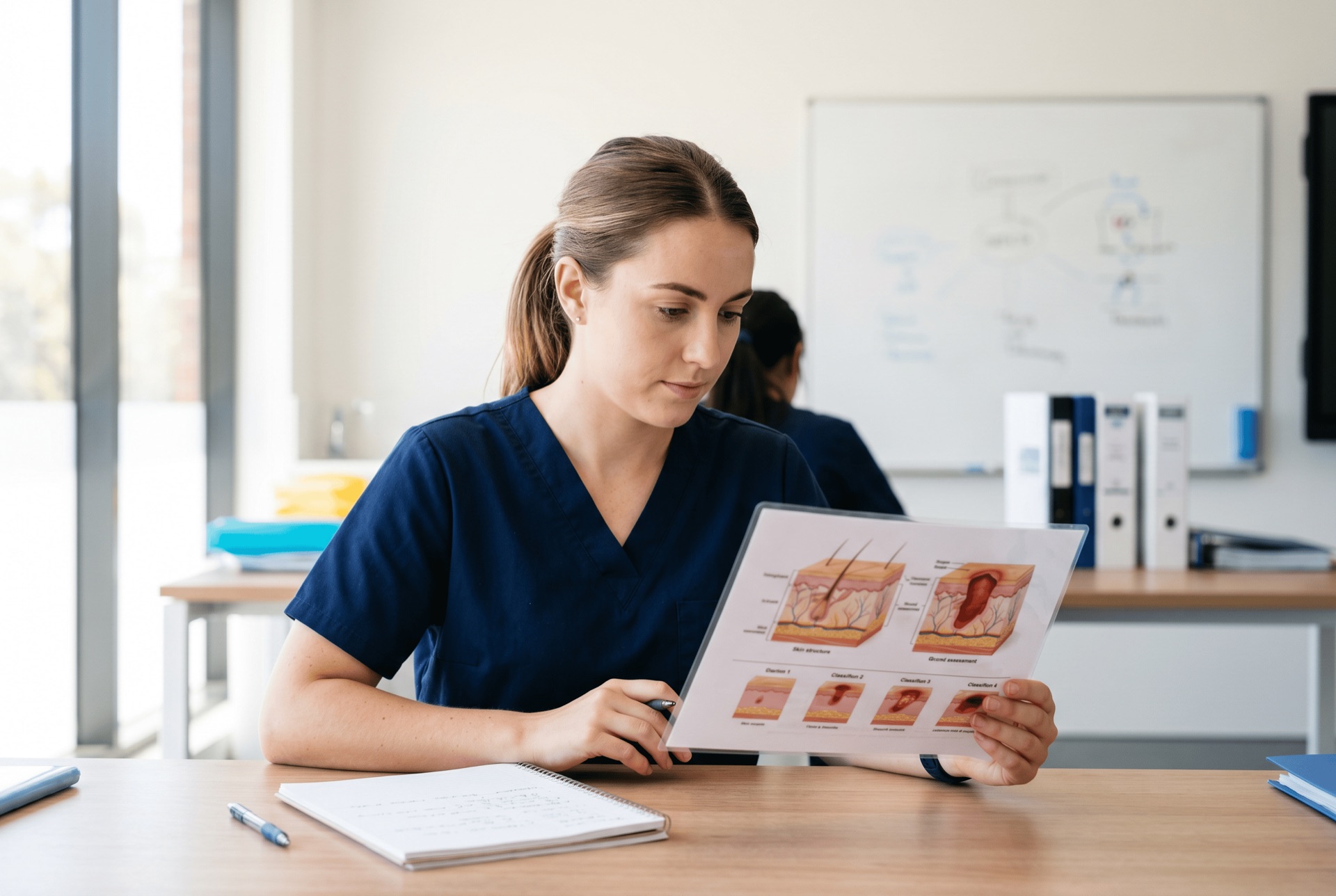 Healthcare worker studying integumentary system and skin wound terminology