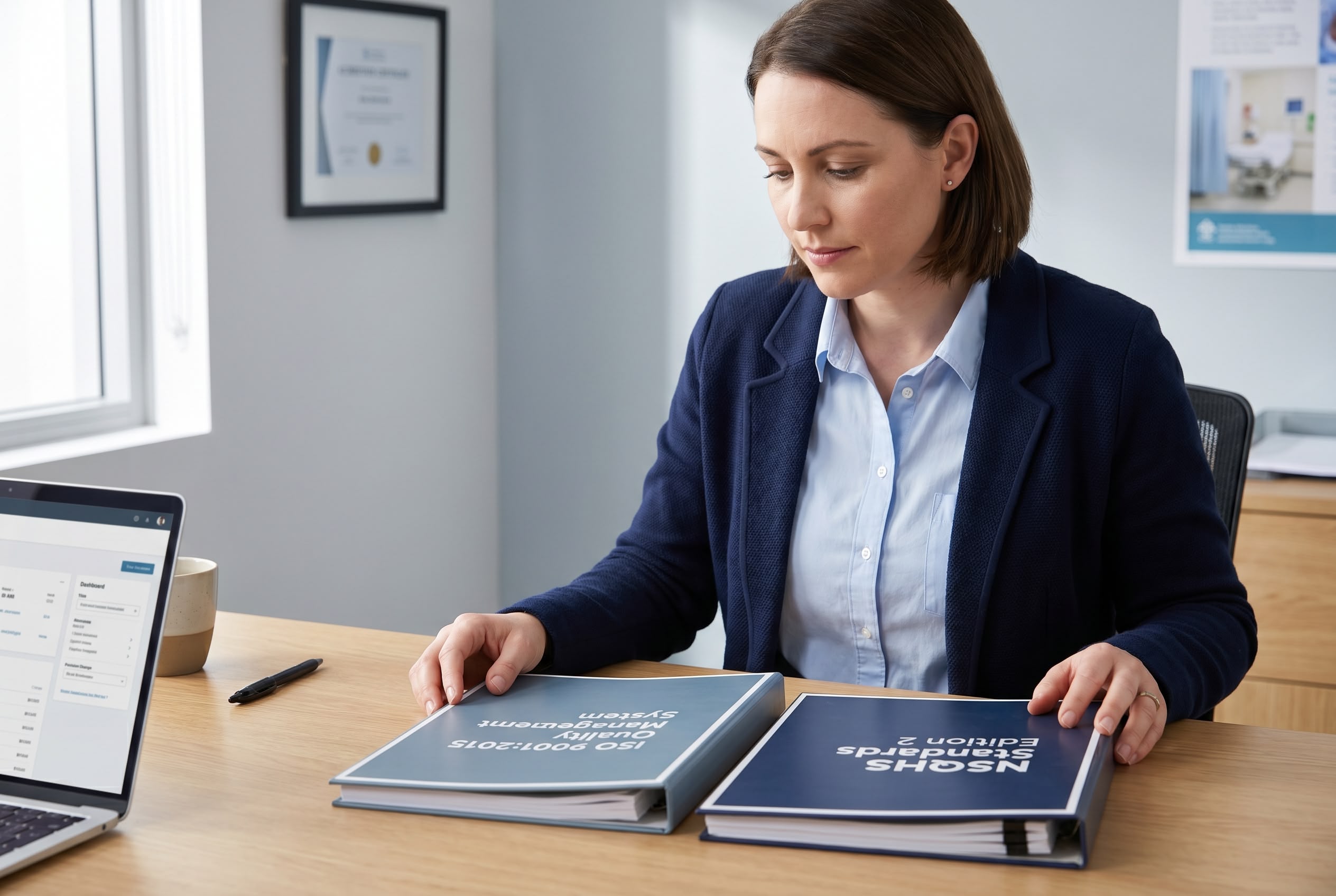 ISO 9001 vs NSQHS Standards comparison hero Australian healthcare quality auditor at desk comparing ISO 9001 and NSQHS Standards binders