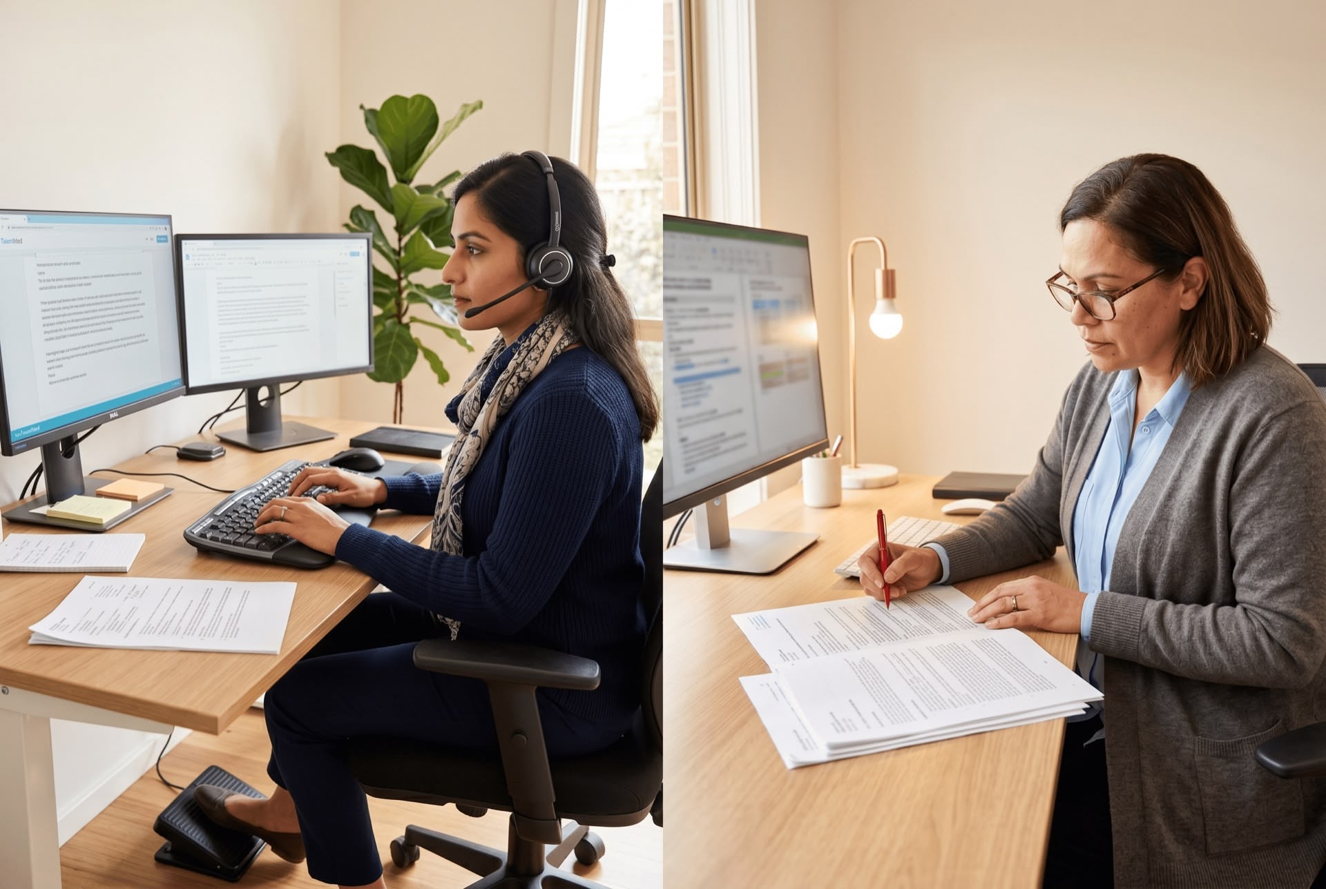 Healthcare documentation professional comparing medical transcription and editing work