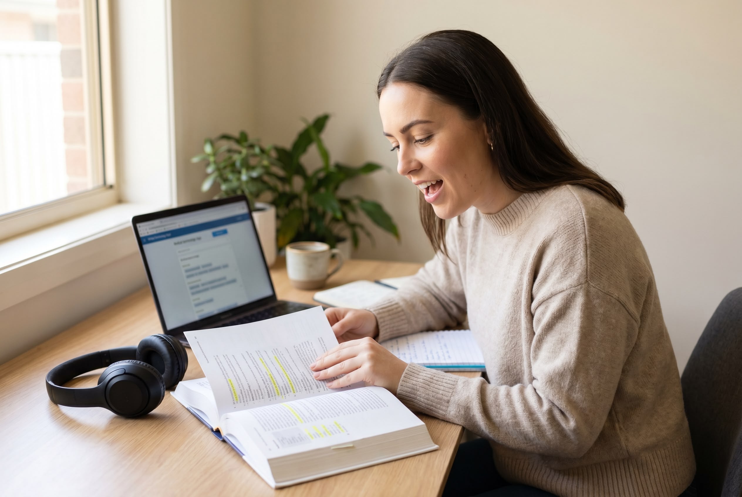 Australian healthcare admin student practising medical pronunciation aloud at home study desk with textbook open showing phonetic notations, laptop and over-ear headphones beside her