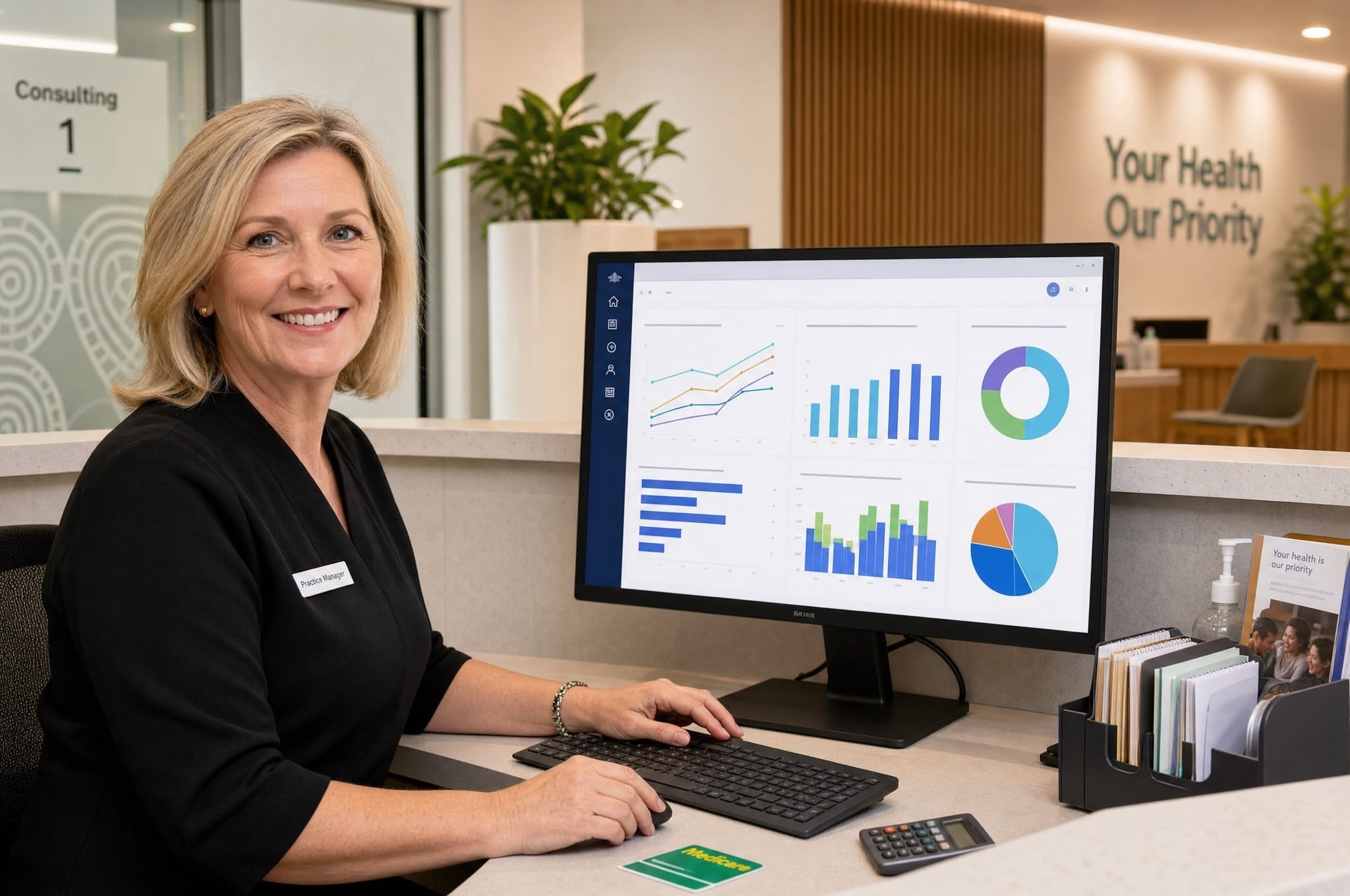 Medical practice financial management Australia — TalentMed Australian practice manager at a medical reception desk reviewing financial management data — HLT57715 | TalentMed RTO 22151