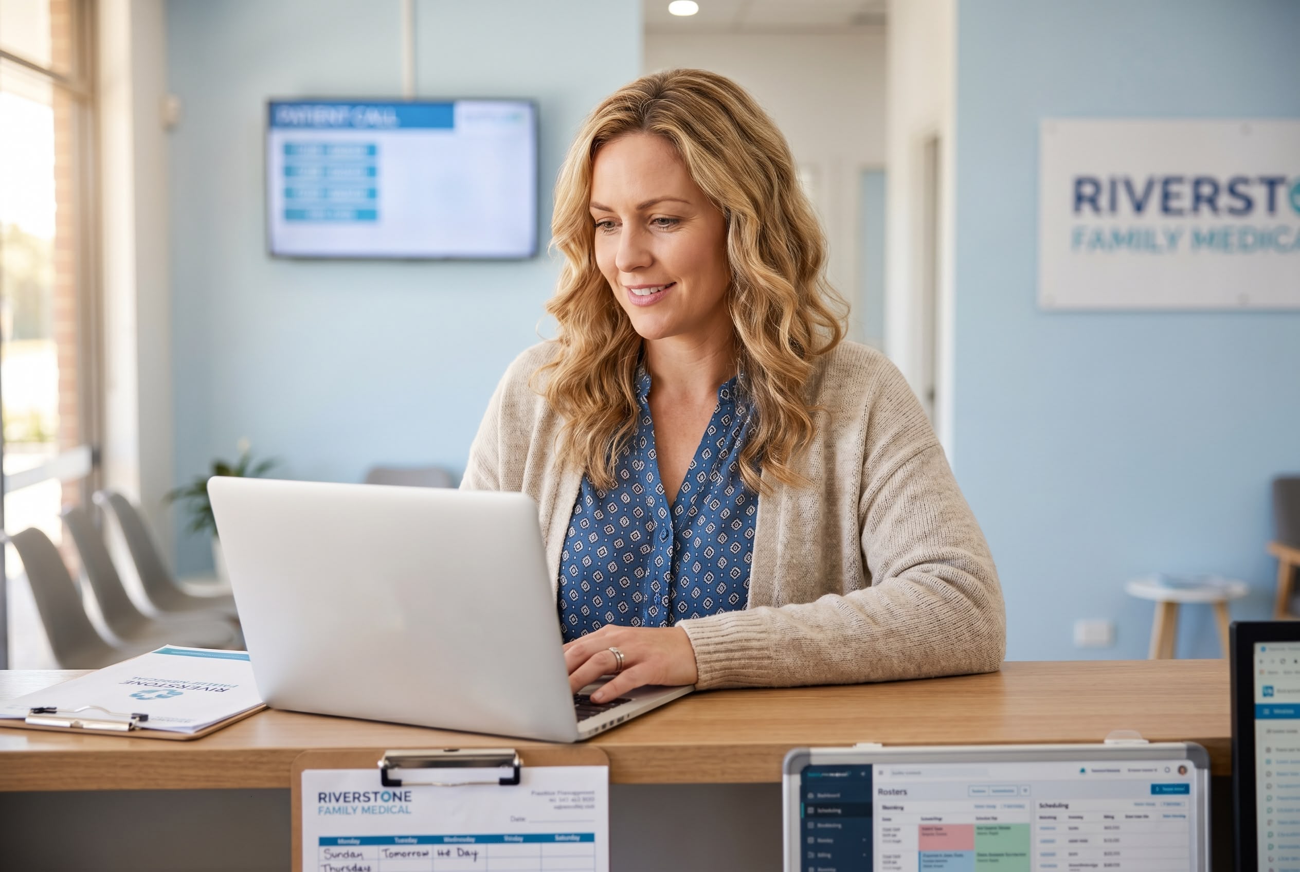 Australian medical receptionist at clinic reception desk with practice management software on laptop