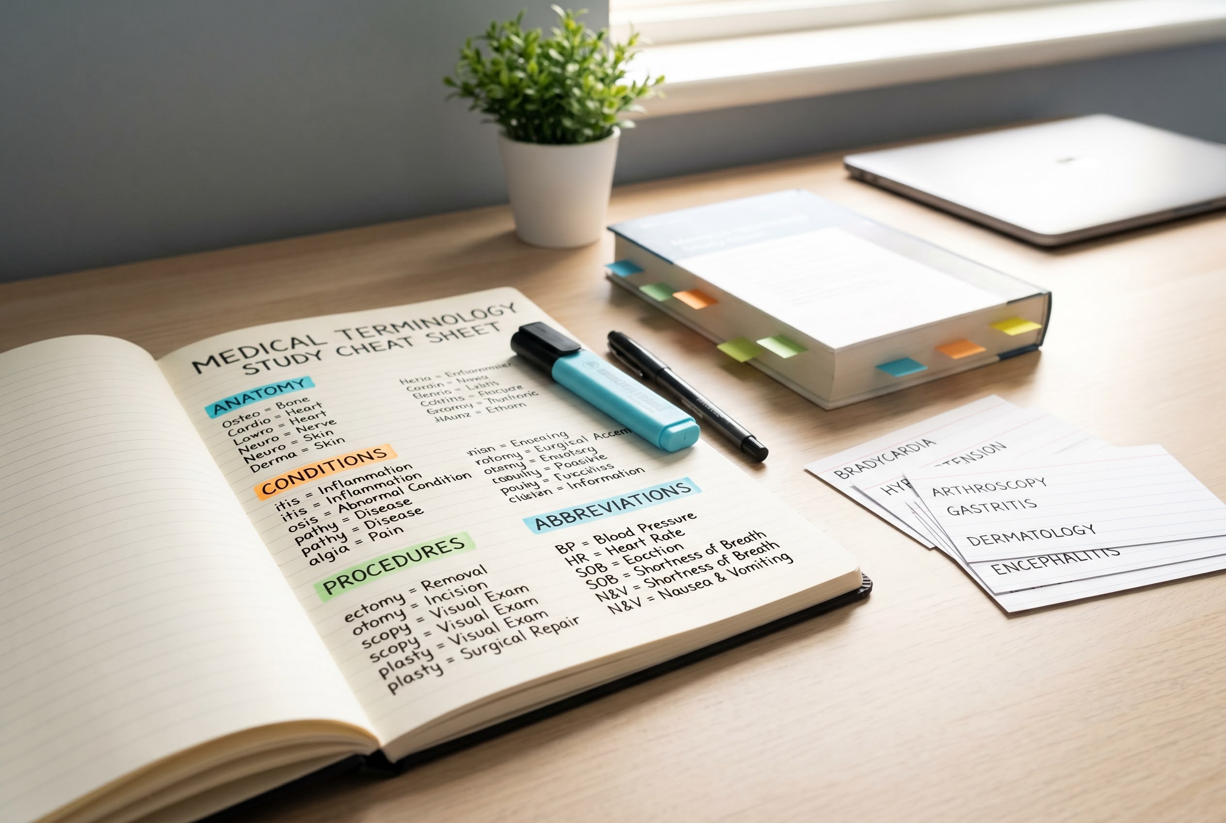 Medical Terminology Cheat Sheet — Top 100 Terms Annotated medical terminology cheat sheet on a study desk: open notebook with colour-coded category notes, sticky-tabbed reference book, and flash cards