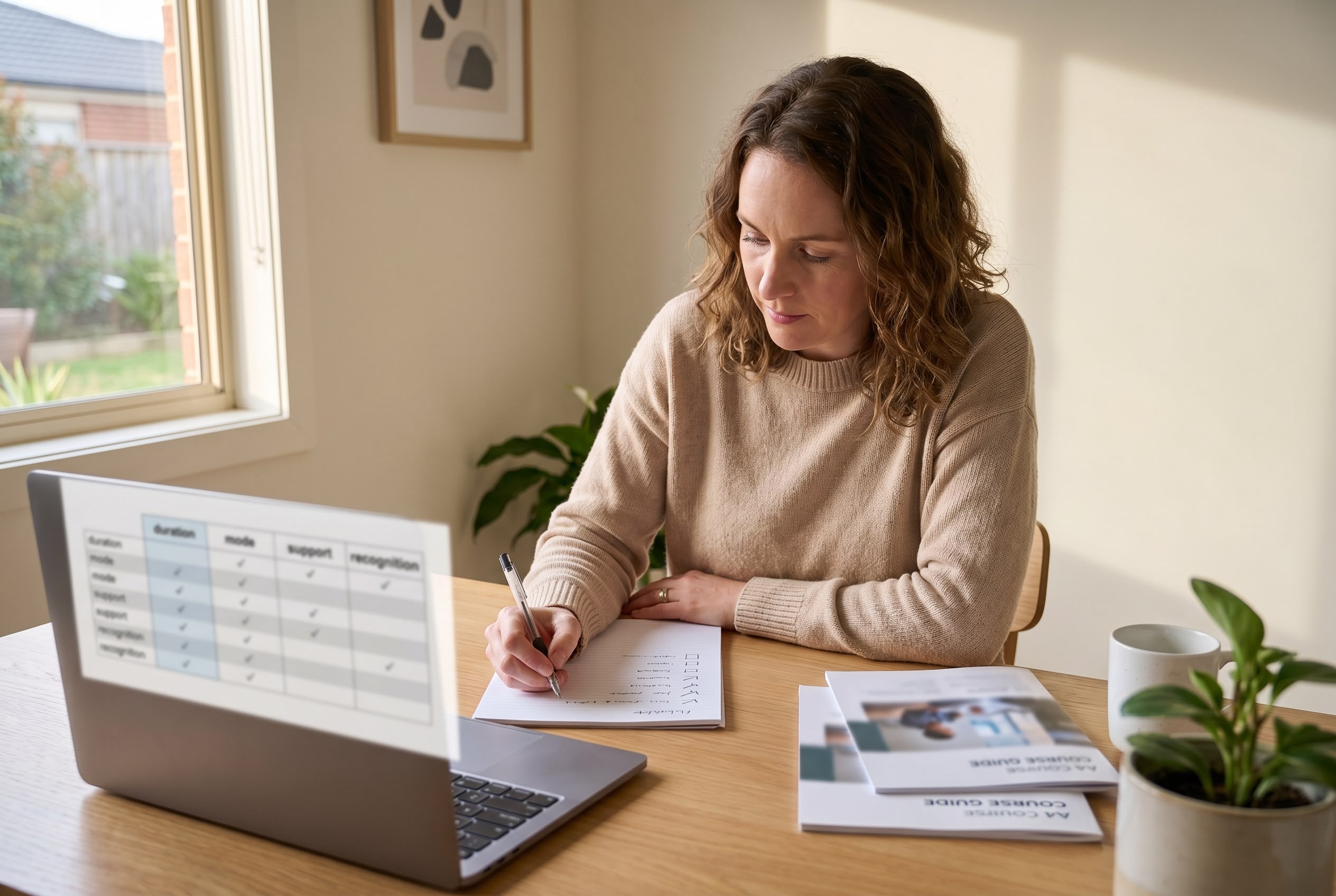 Australian woman comparing online medical transcription courses at her home study desk, taking notes on a checklist of evaluation criteria, with a laptop showing a course-comparison spreadsheet.