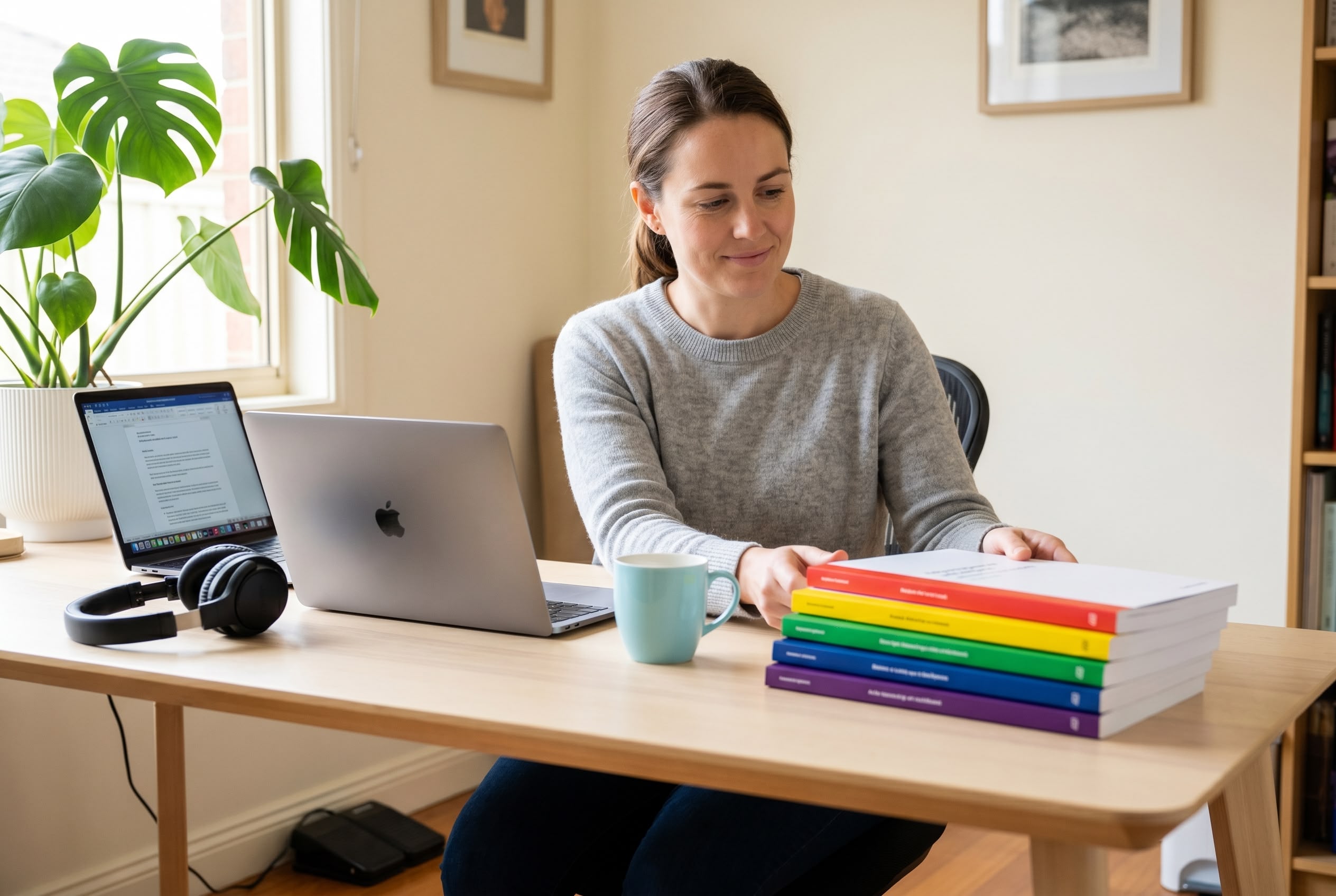 From Medical Transcription to Clinical Coding Career Bridge Australian medical transcriptionist contemplating a career bridge into clinical coding, with paperback ICD-10-AM, ACHI and ACS workbooks emerging on her desk