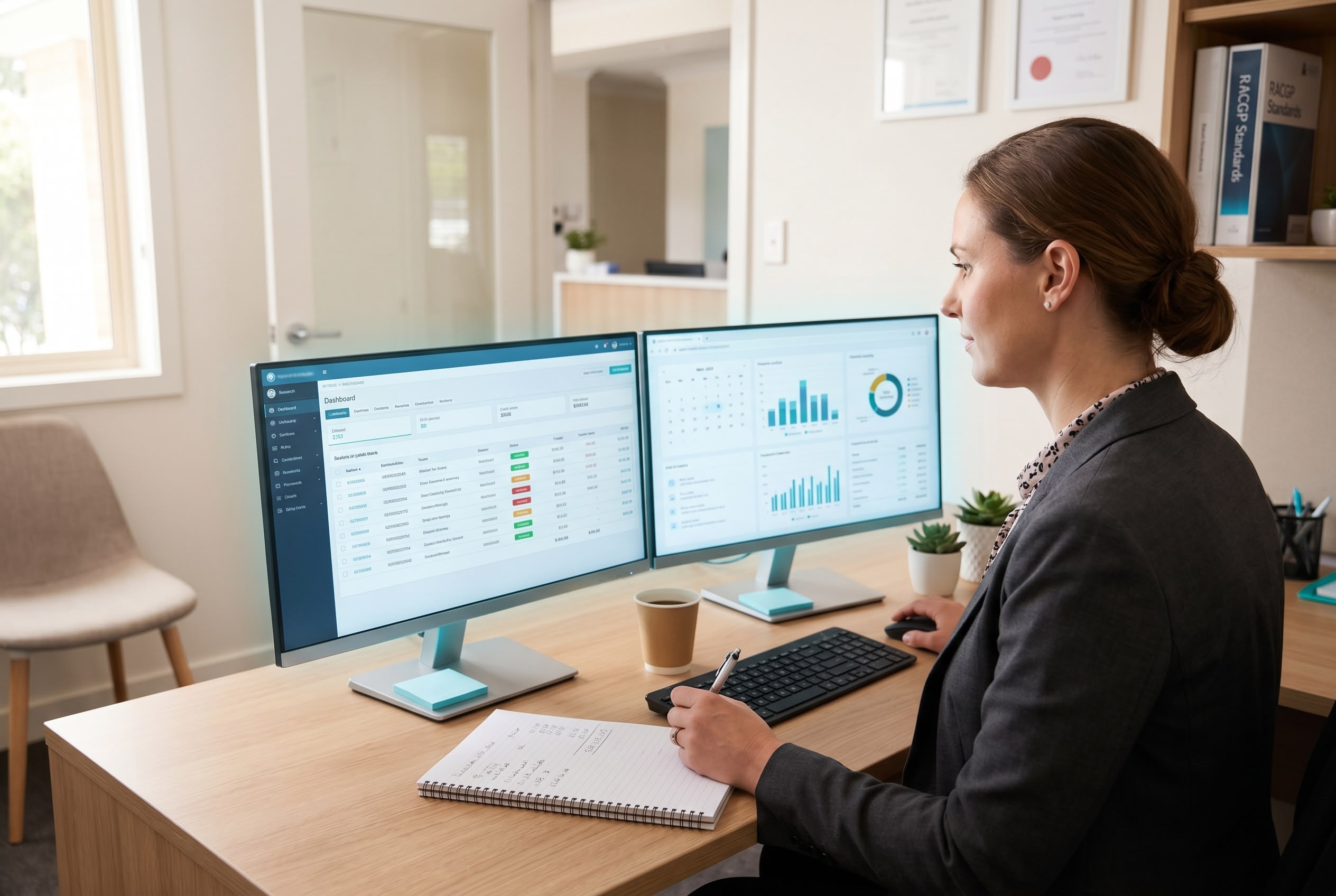 Australian practice manager reviewing Medicare billing reconciliation reports on a dual monitor workstation in a modern healthcare clinic back office