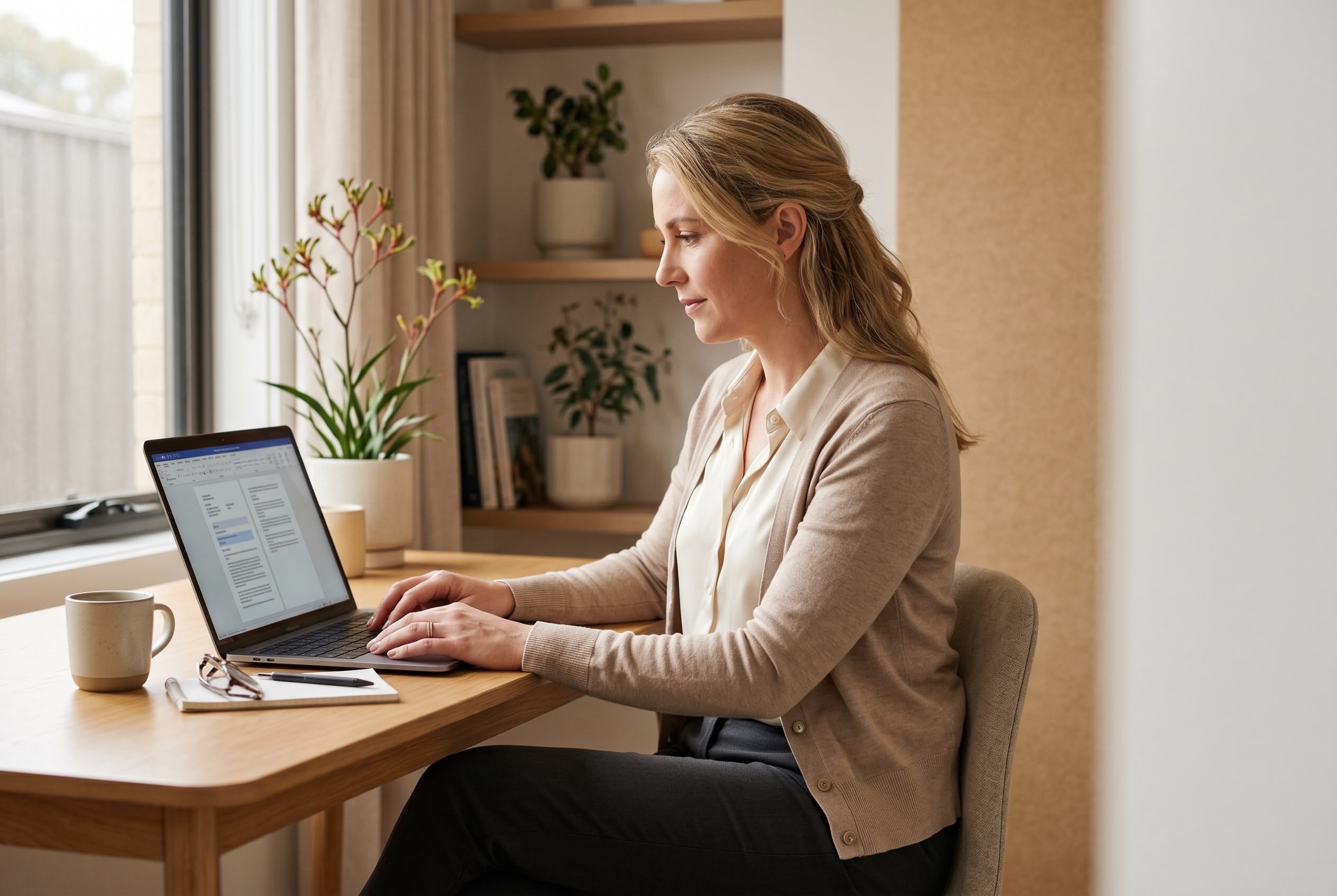 Mental health documentation transcription: healthcare admin professional Healthcare documentation professional working from a calm home office on medical transcription