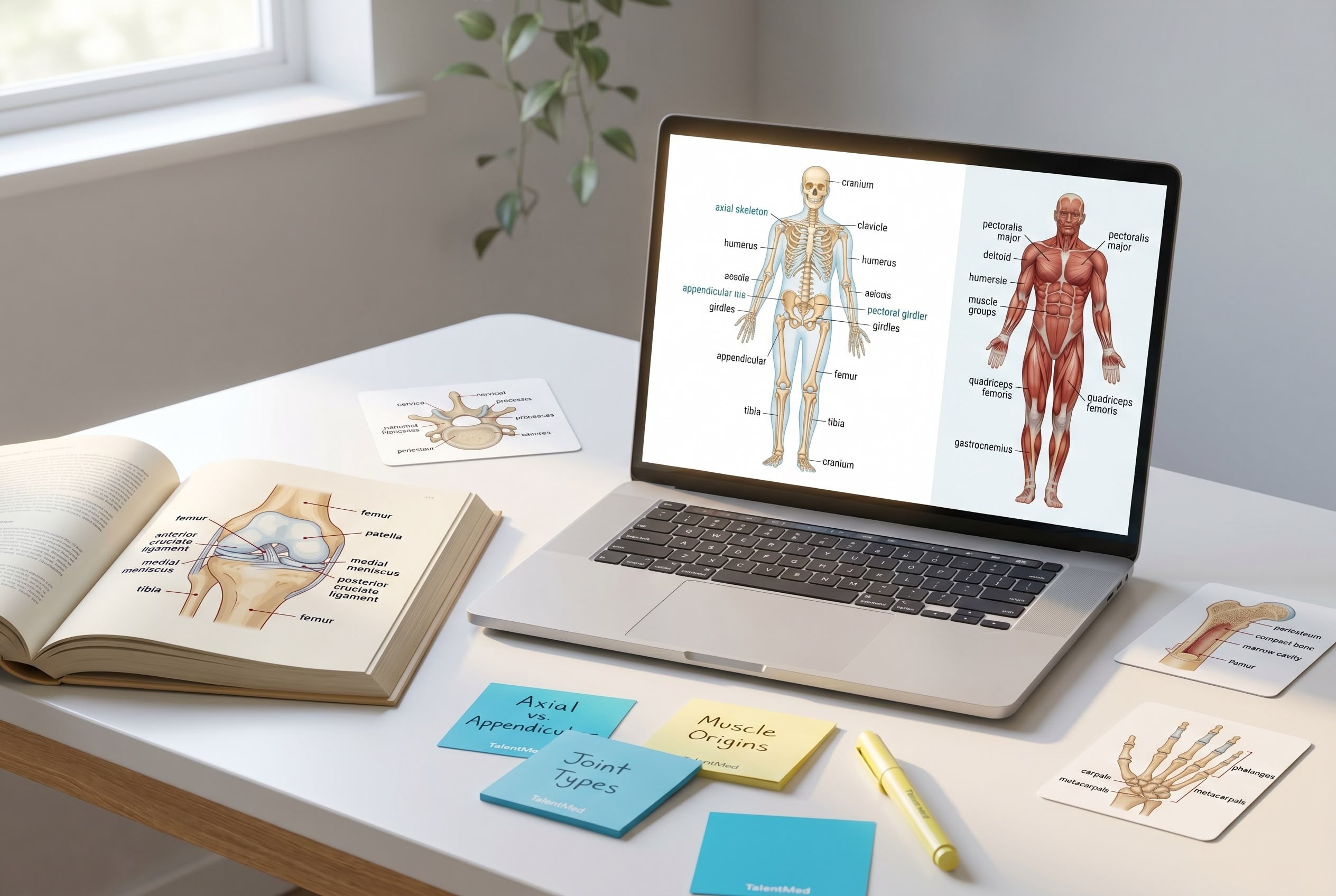 Musculoskeletal Medical Terminology Study Reference Musculoskeletal medical terminology study desk with skeleton anatomy diagram on screen, open anatomy textbook showing knee joint cross-section, and colour-coded study notes — BSBMED301 reference.