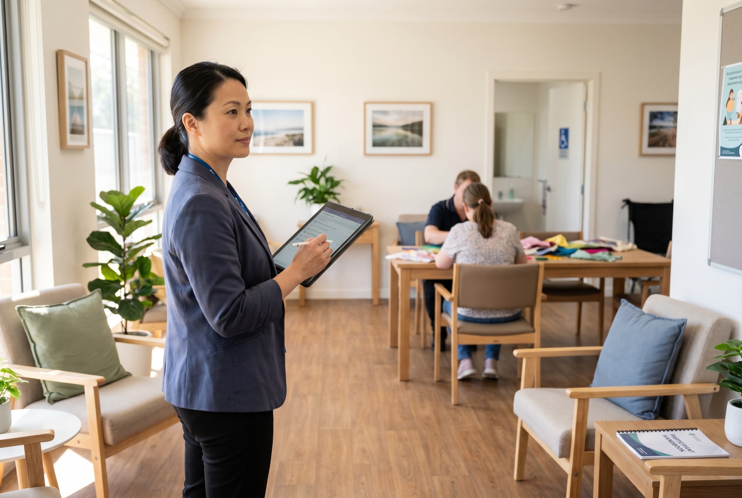 NDIS Quality Auditor Conducting a Site Visit at an Australian Disability Service An NDIS quality auditor observing a community day-program at a registered disability service provider in Australia
