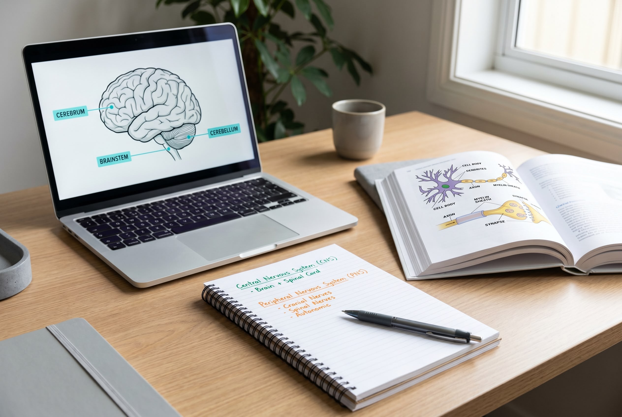 Study desk with annotated brain anatomy diagram on a laptop and an open medical textbook showing a labelled neuron and synapse, with colour-coded handwritten study notes
