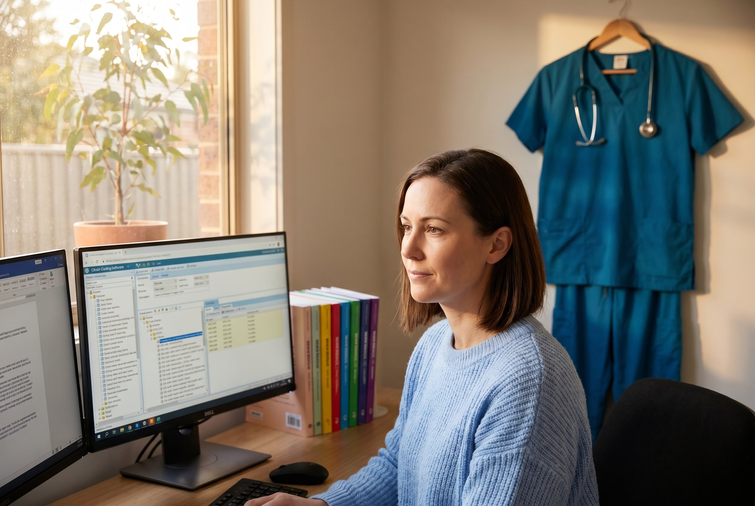 Non-clinical careers for nurses in Australia Australian ex-nurse at home workstation with clinical coding software, scrubs hanging in background