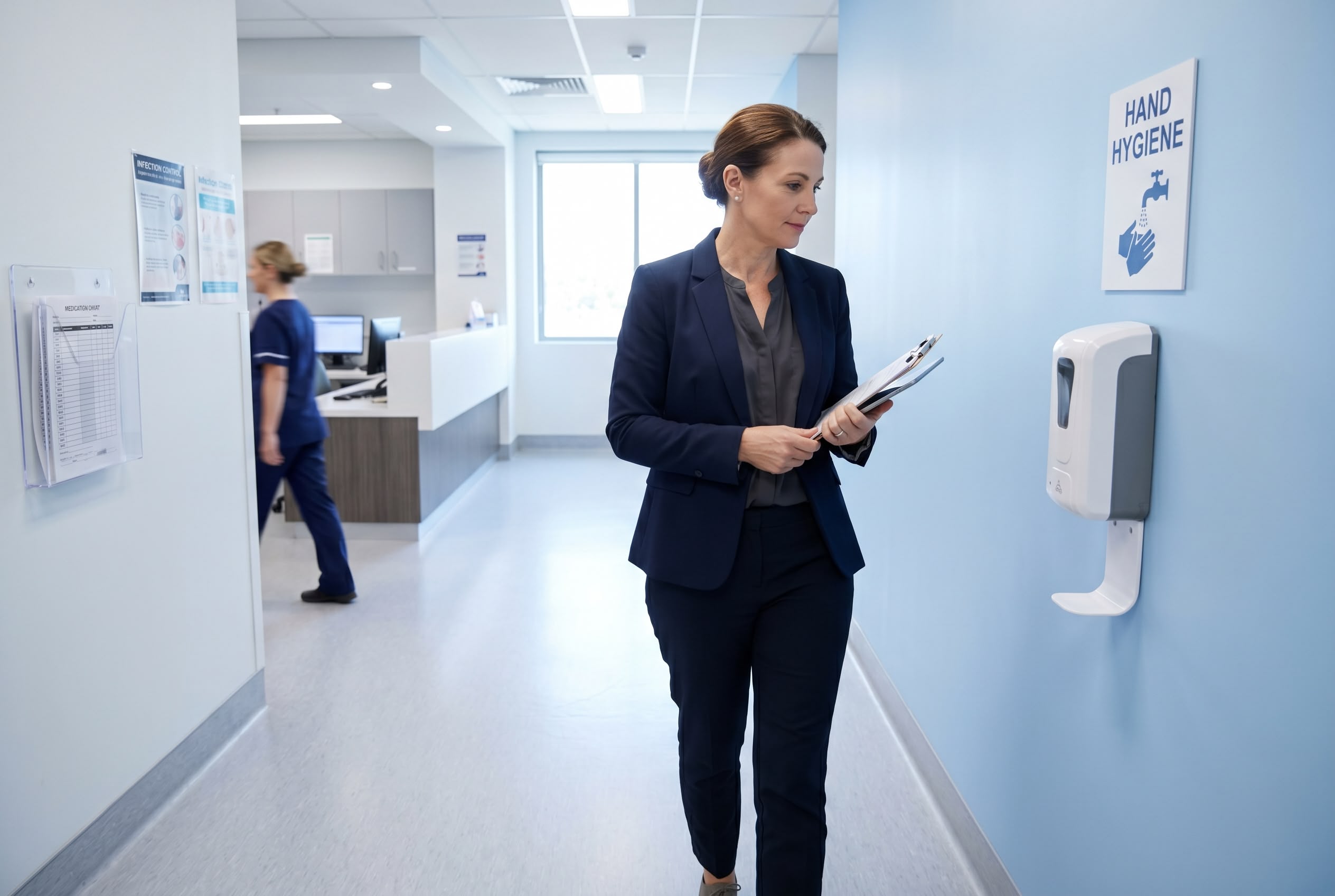 NSQHS Standards Explained: Healthcare Quality Auditor on Ward Round Australian healthcare quality auditor walking through a hospital ward observing infection-control evidence as part of NSQHS Standards assessment