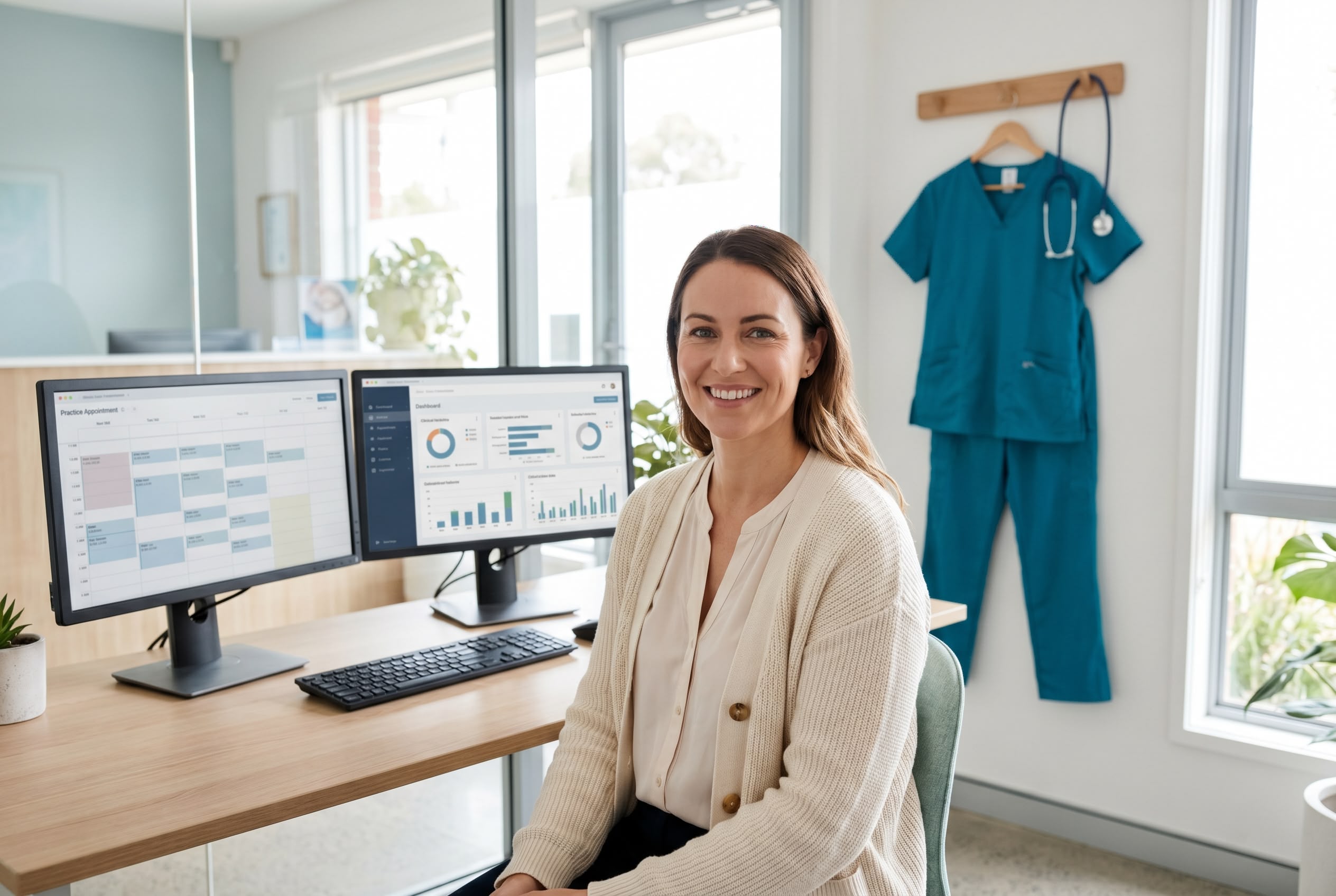 Nurse who became a practice manager at her desk in a modern Australian general practice, with hung scrubs and stethoscope visible behind her as the past chapter.