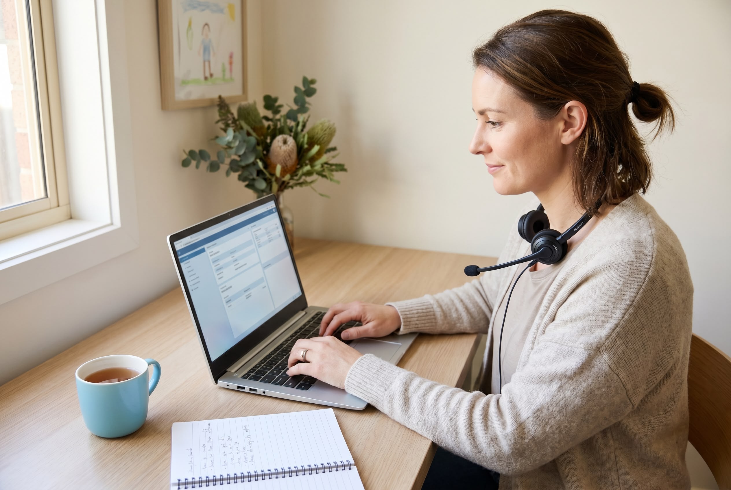 Part-time careers for mums: medical transcription as a flexible work-from-home career Australian mum at home desk during school hours, working as a medical transcriptionist with USB headset and clinical documentation software, demonstrating part-time career flexibility.