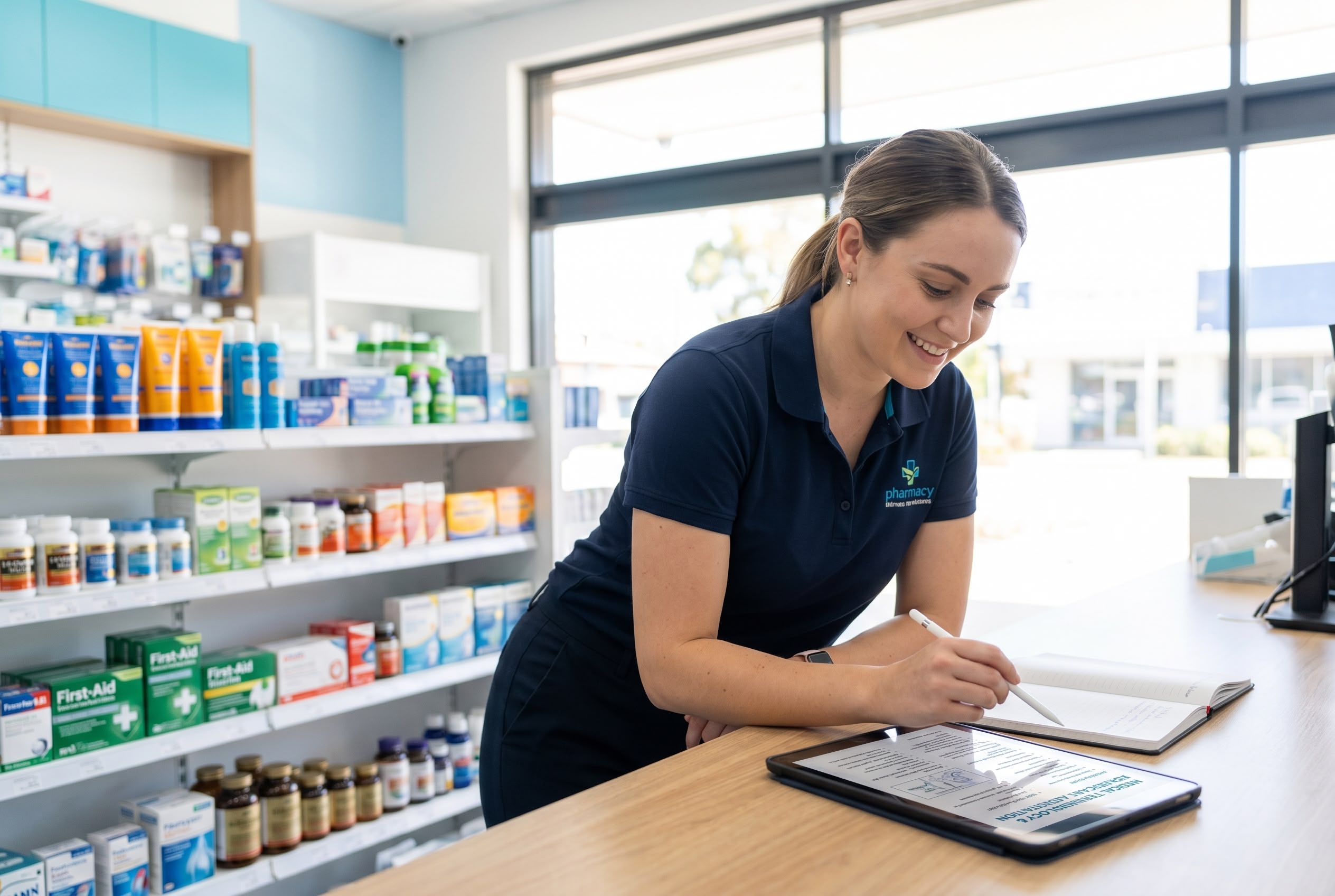 Australian pharmacy assistant studying healthcare admin material on laptop at pharmacy counter