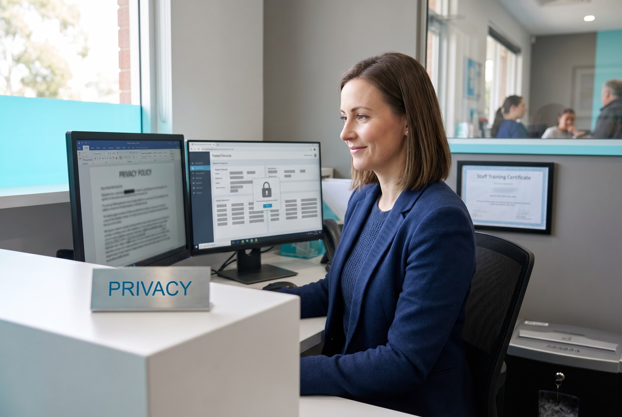 Australian medical practice manager reviewing privacy and data security policy at workstation, locked-screen and secure-disposal bin visible, demonstrating Privacy Act 1988 APP 11 compliance.