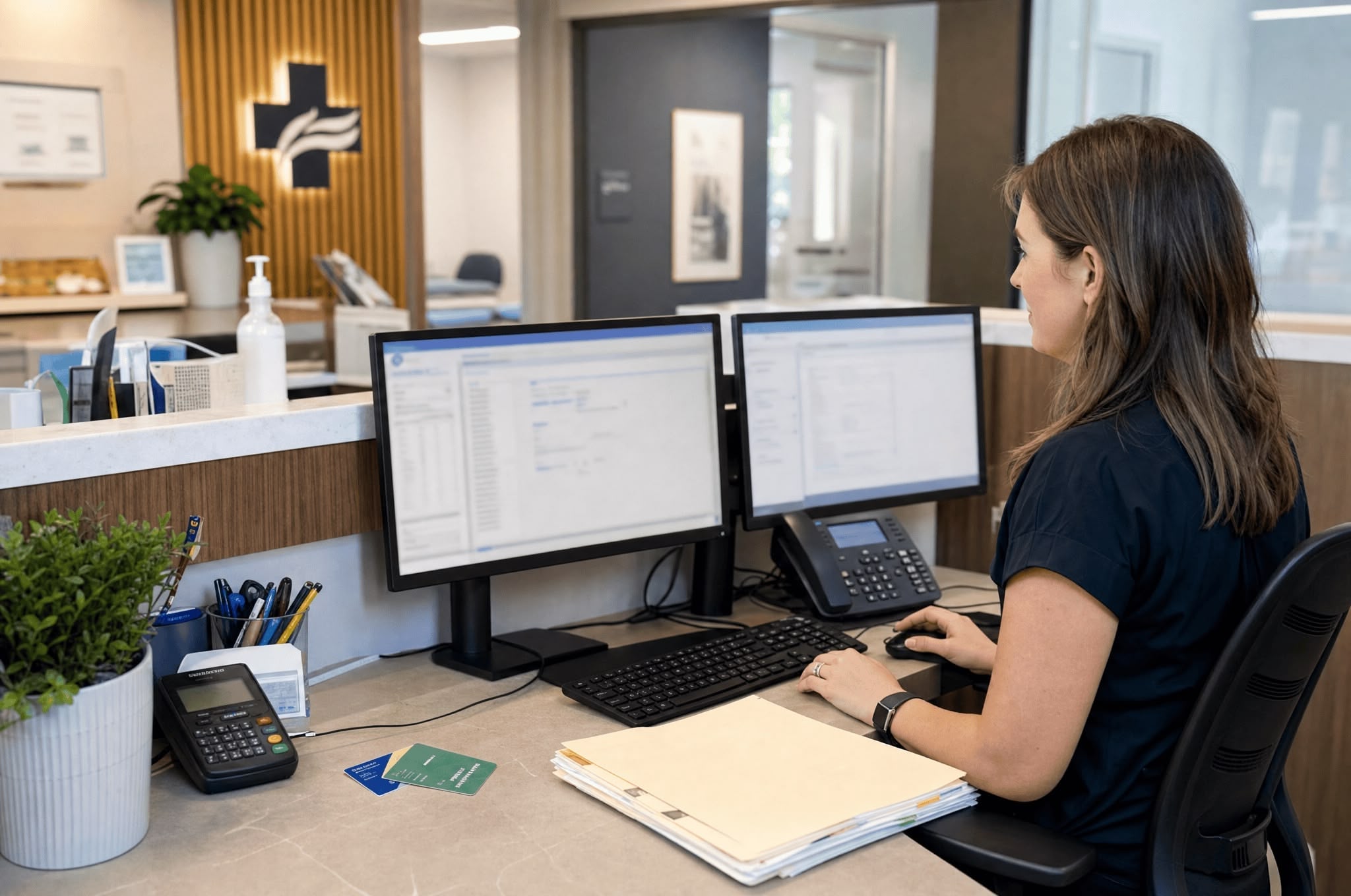 Private billing, WorkCover and DVA in Australian GP practice Practice manager reviewing private billing and WorkCover invoices at an Australian GP practice. HLT57715. TalentMed RTO 22151.